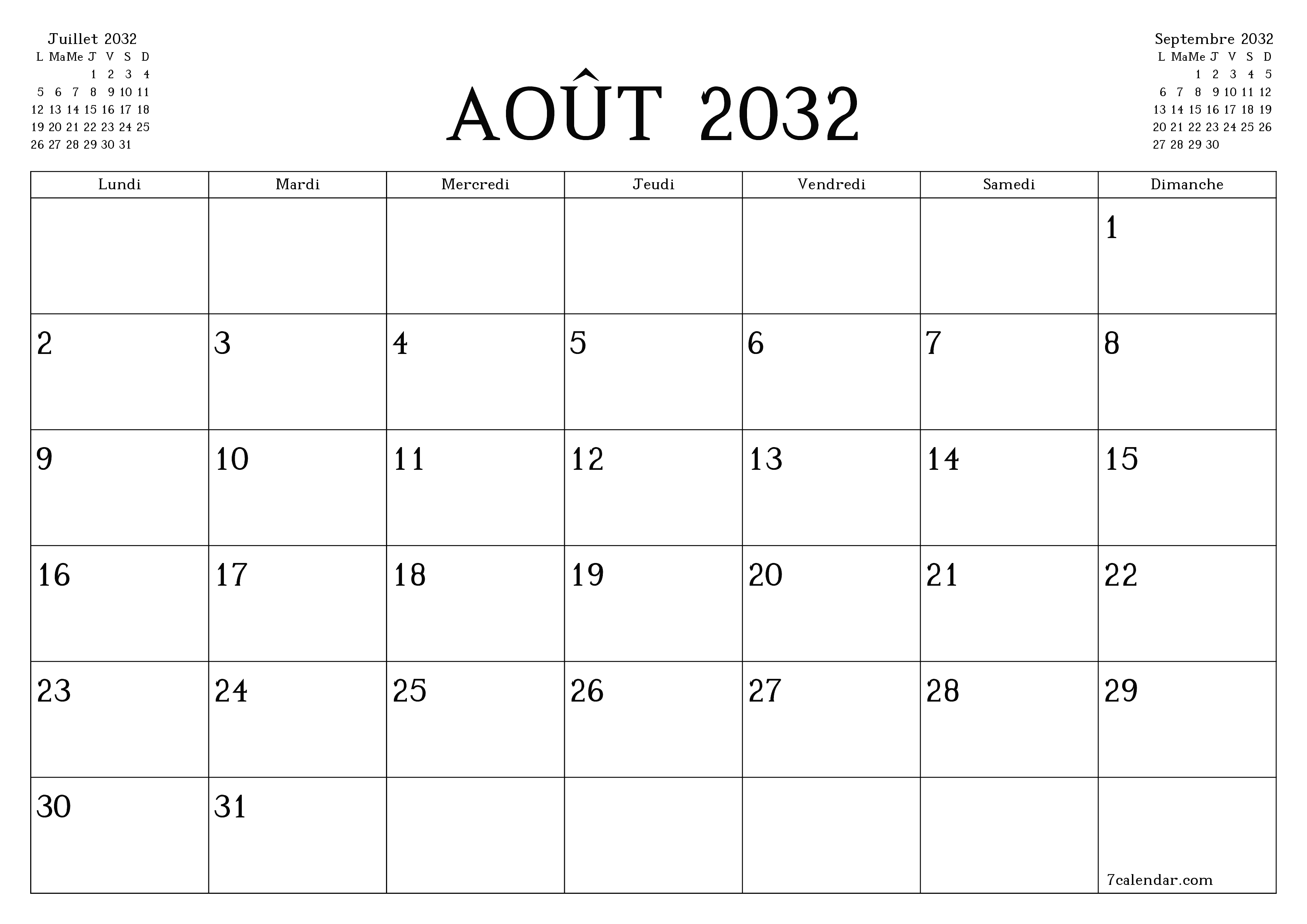 Agenda mensuel vide pour le mois Août 2032 avec notes, enregistrez et imprimez au format PDF PNG French