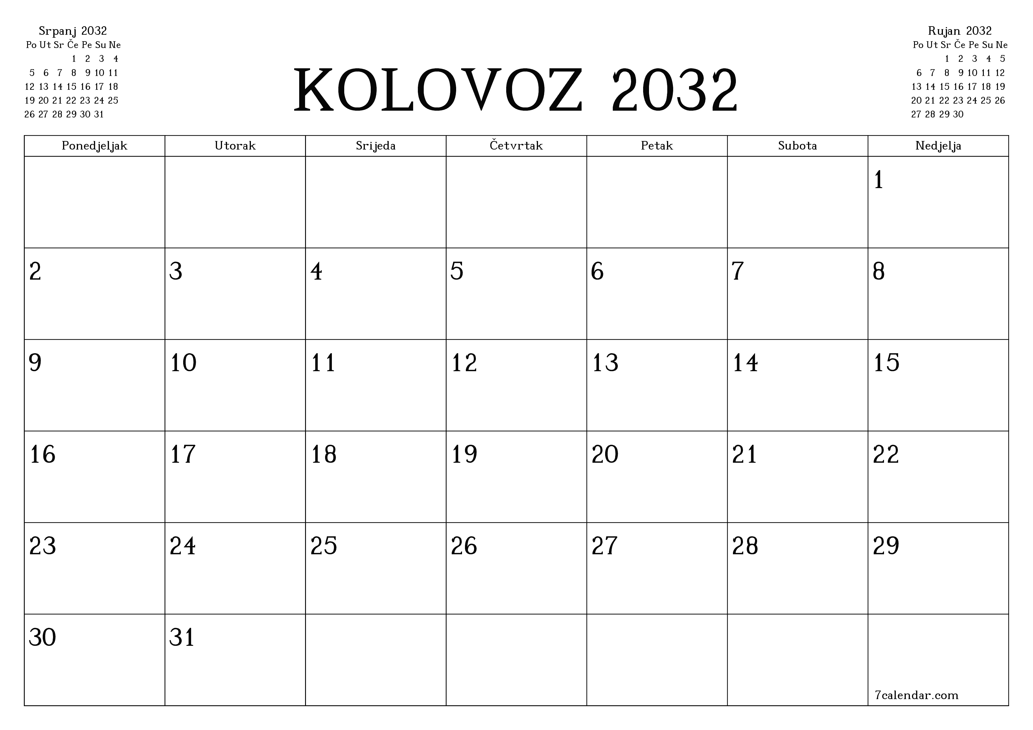 Ispraznite mjesečni planer za mjesec Kolovoz 2032 s bilješkama, spremite i ispišite u PDF PNG Croatian