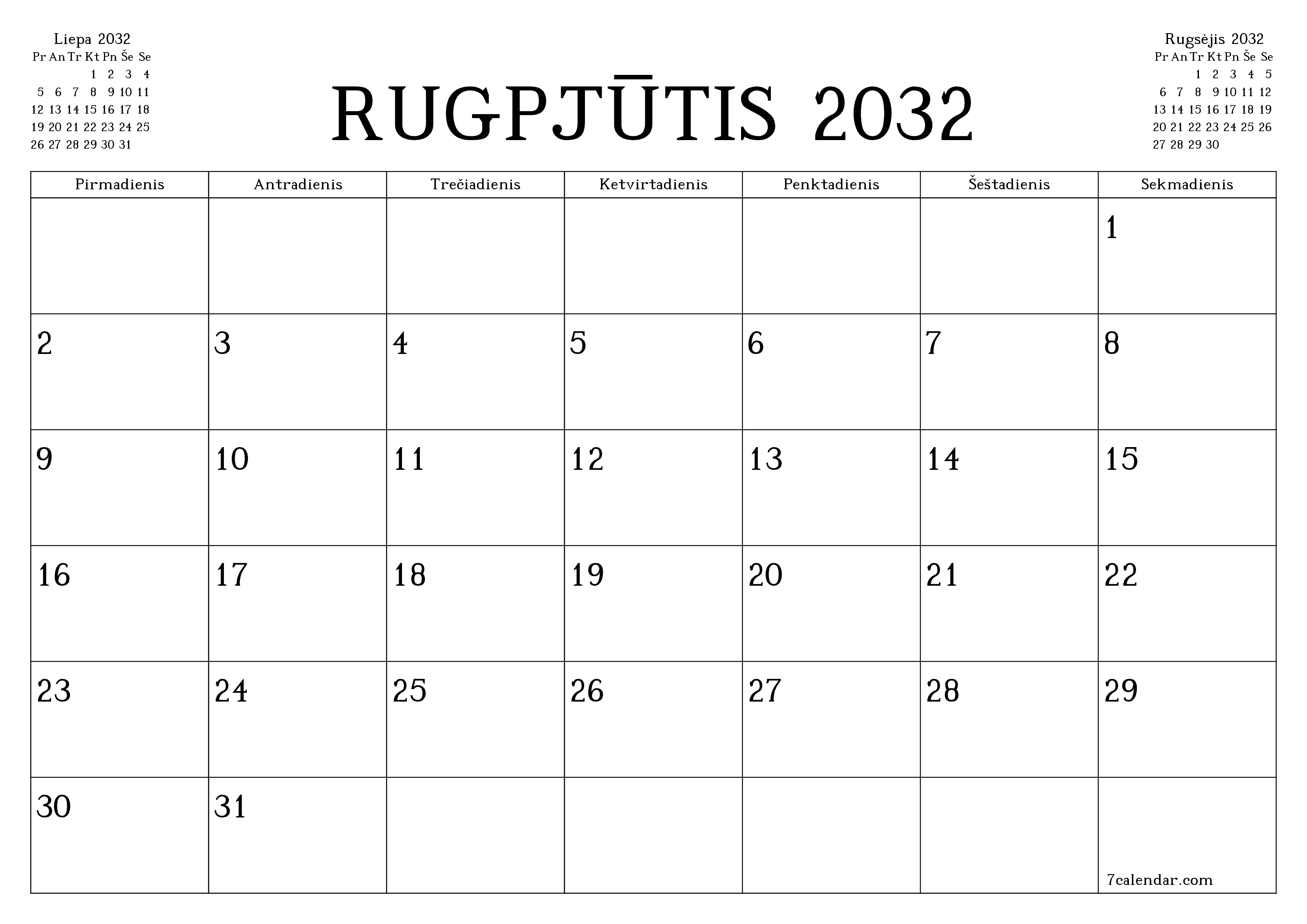 Ištuštinti mėnesio Rugpjūtis 2032 mėnesio planavimo priemonę su užrašais, išsaugoti ir atsispausdinti PDF formate PNG Lithuanian