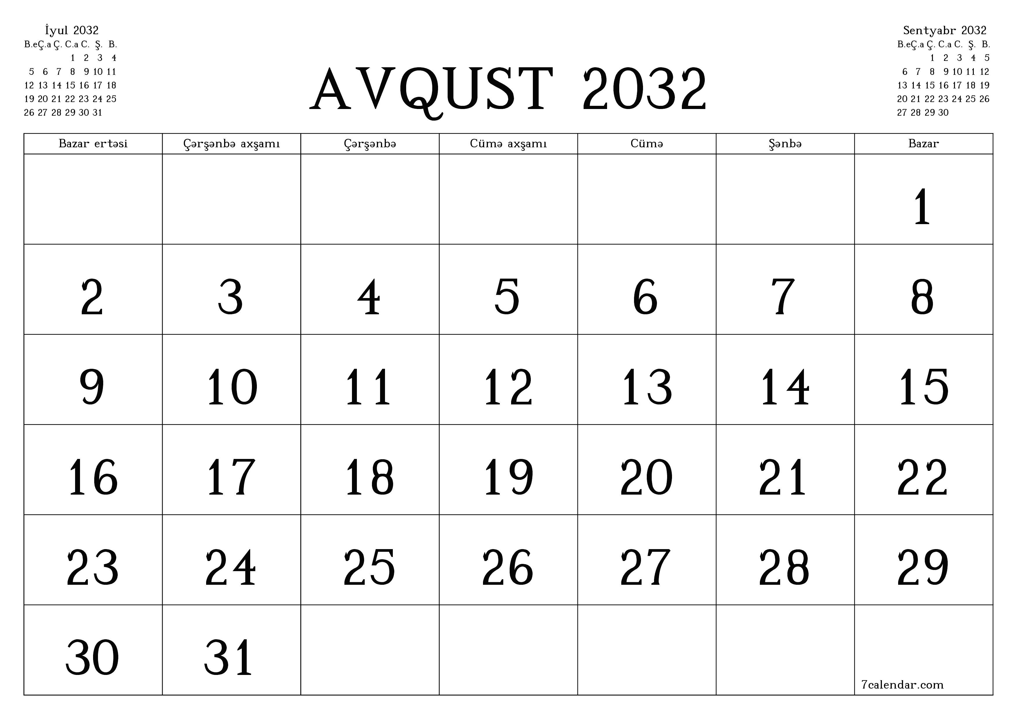 Avqust 2032 ayı üçün qeydlər ilə boş aylıq planlayıcı, qeyd edin və PDF-ə yazdırın PNG Azerbaijani