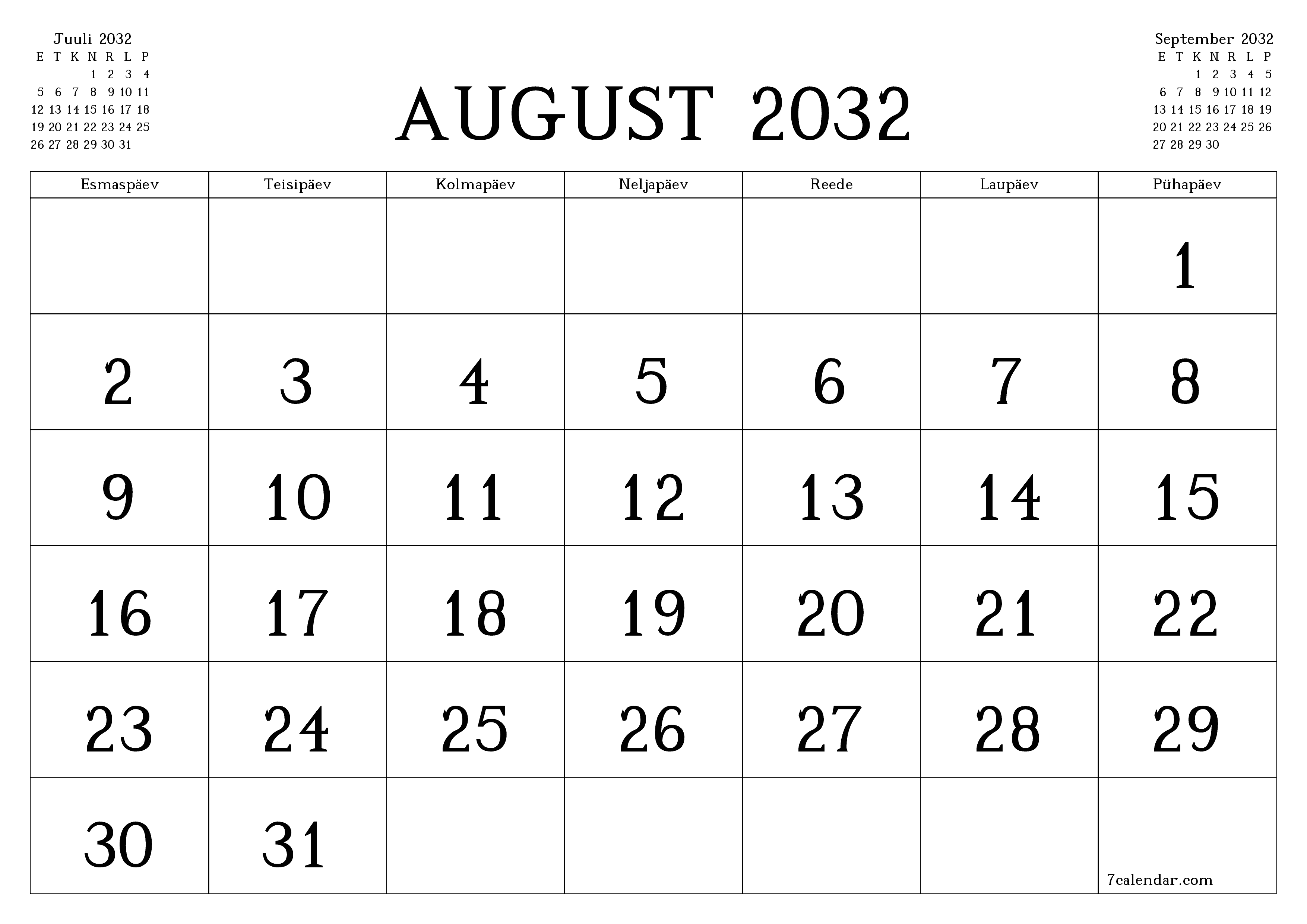 Tühjendage kuu August 2032 kuuplaneerija märkmetega, salvestage ja printige PDF-i PNG Estonian