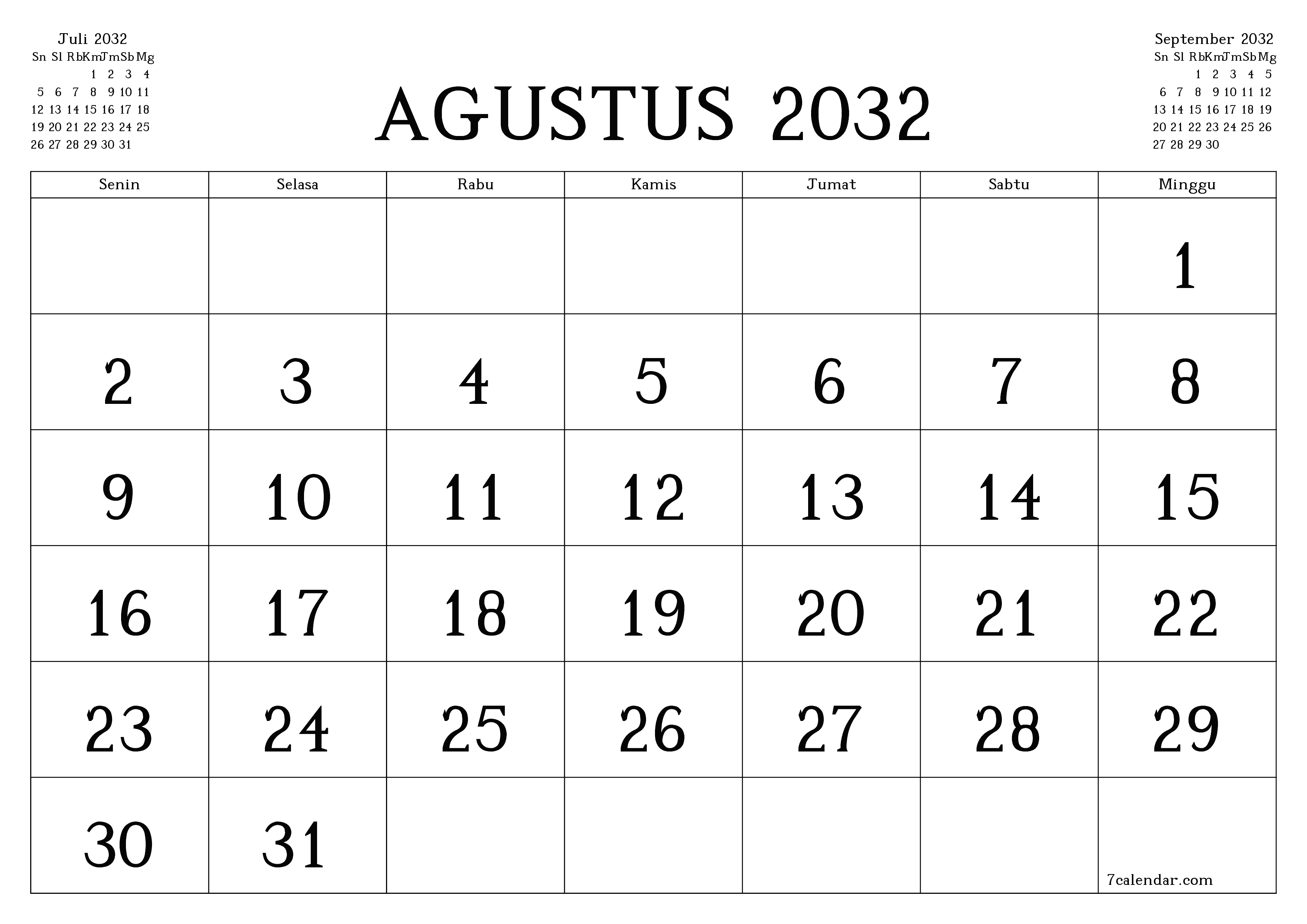 Kosongkan agenda bulanan untuk bulan Agustus 2032 dengan catatan, simpan dan cetak ke PDF PNG Indonesian