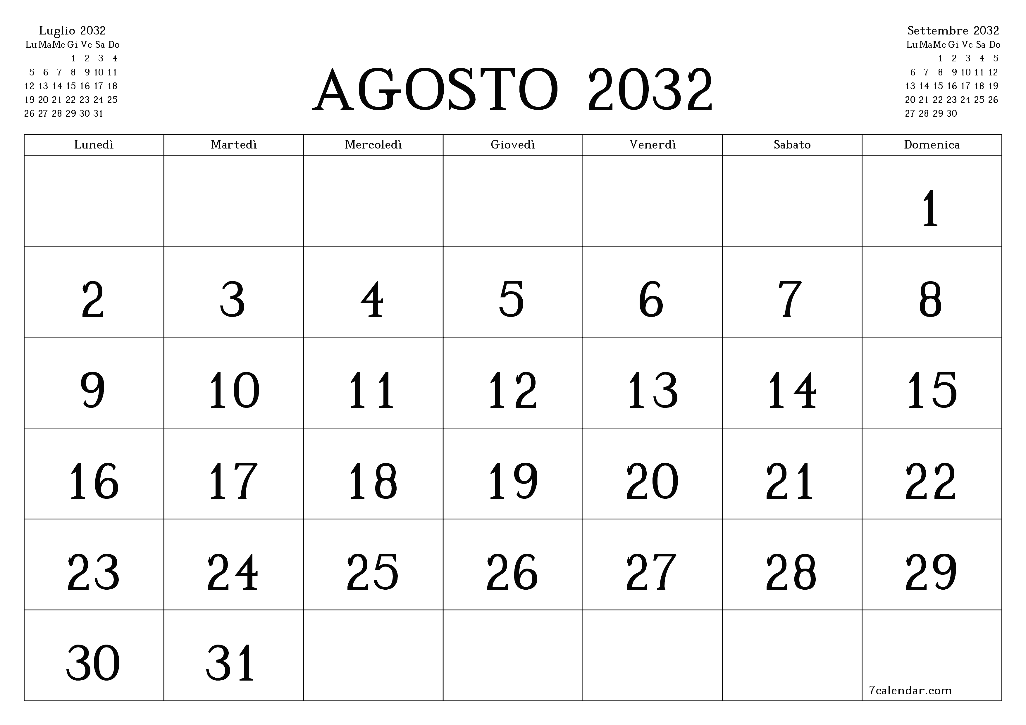 Pianificatore mensile vuoto per il mese Agosto 2032 con note, salva e stampa in PDF PNG Italian