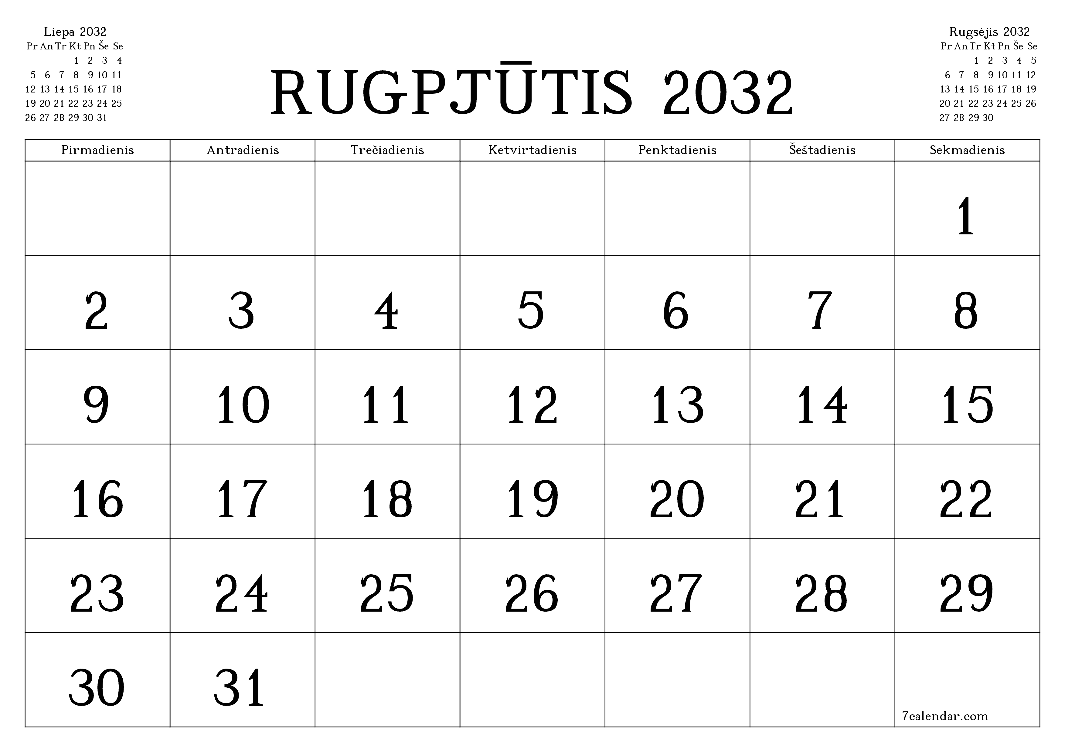 Ištuštinti mėnesio Rugpjūtis 2032 mėnesio planavimo priemonę su užrašais, išsaugoti ir atsispausdinti PDF formate PNG Lithuanian