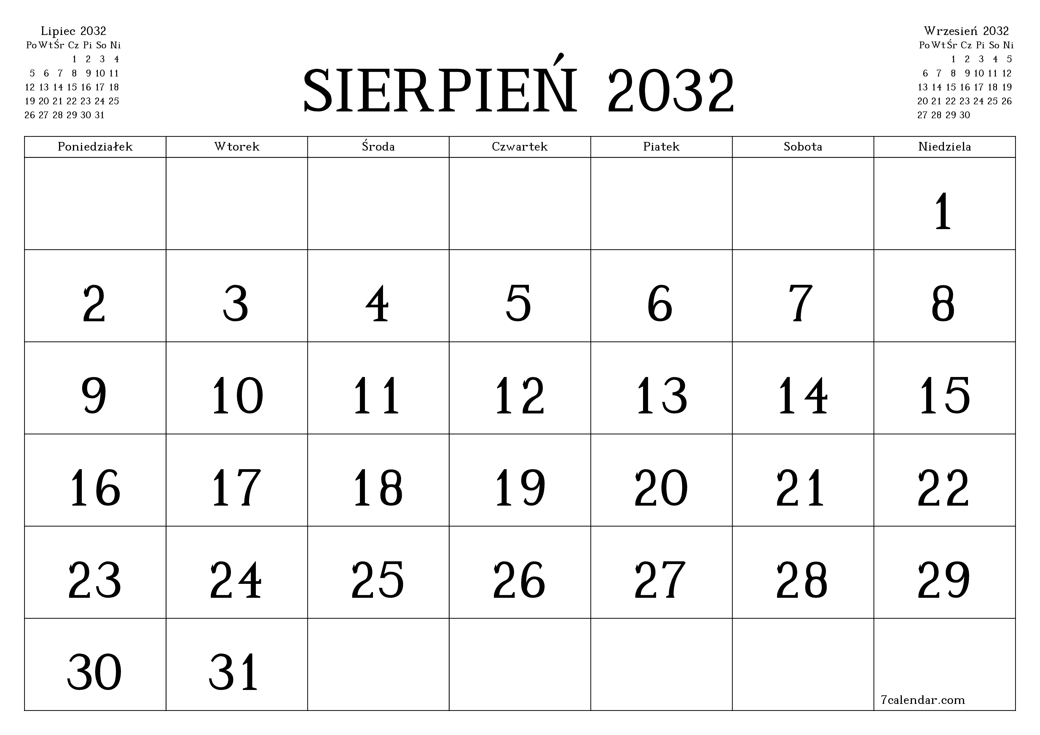 Opróżnij miesięczny planer na miesiąc Sierpień 2032 z notatkami, zapisz i wydrukuj w formacie PDF PNG Polish
