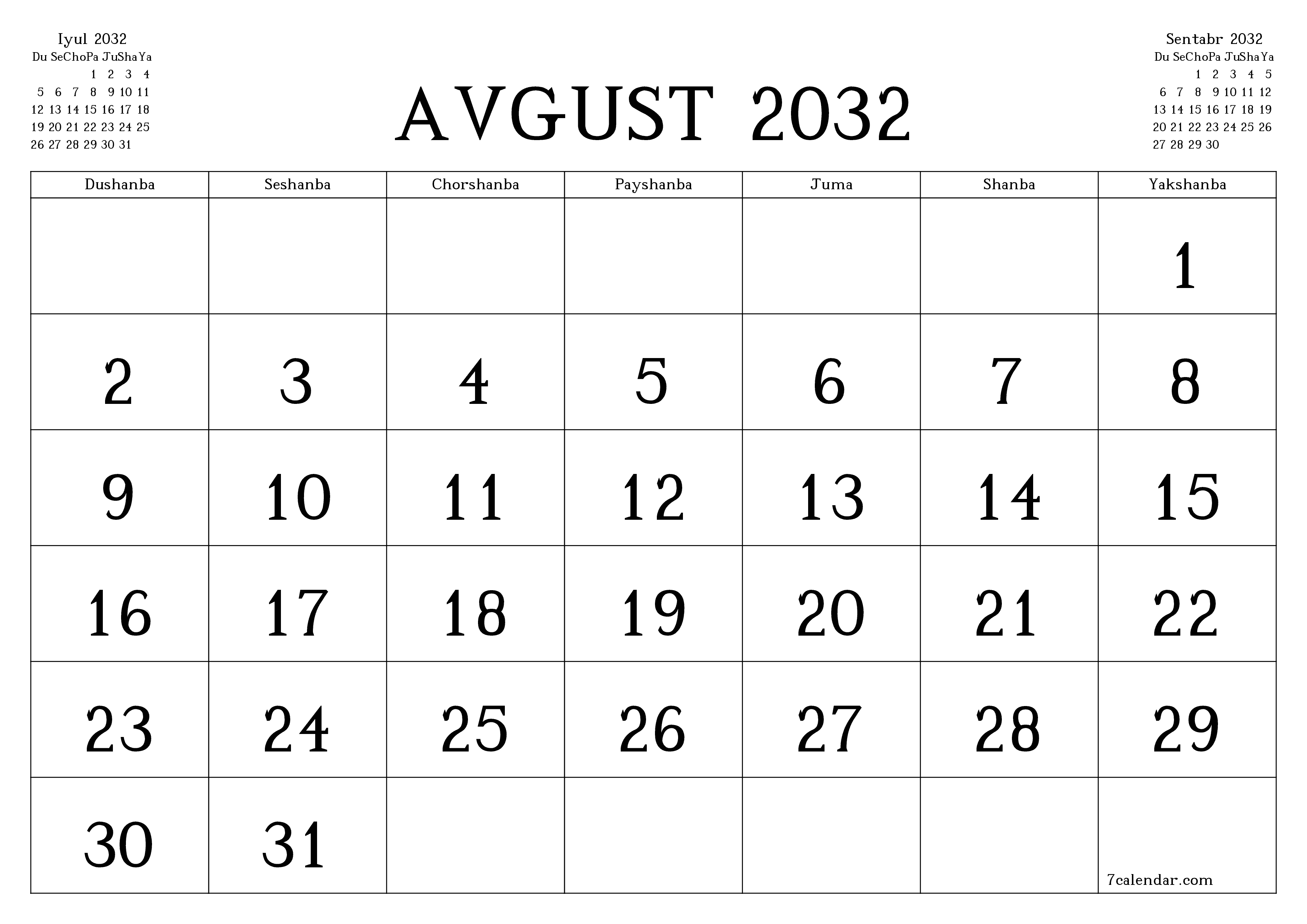 Avgust 2032 oylik oylik rejalashtiruvchini yozuvlar bilan bo'shatish, saqlash va PDF-ga chop etish PNG Uzbek