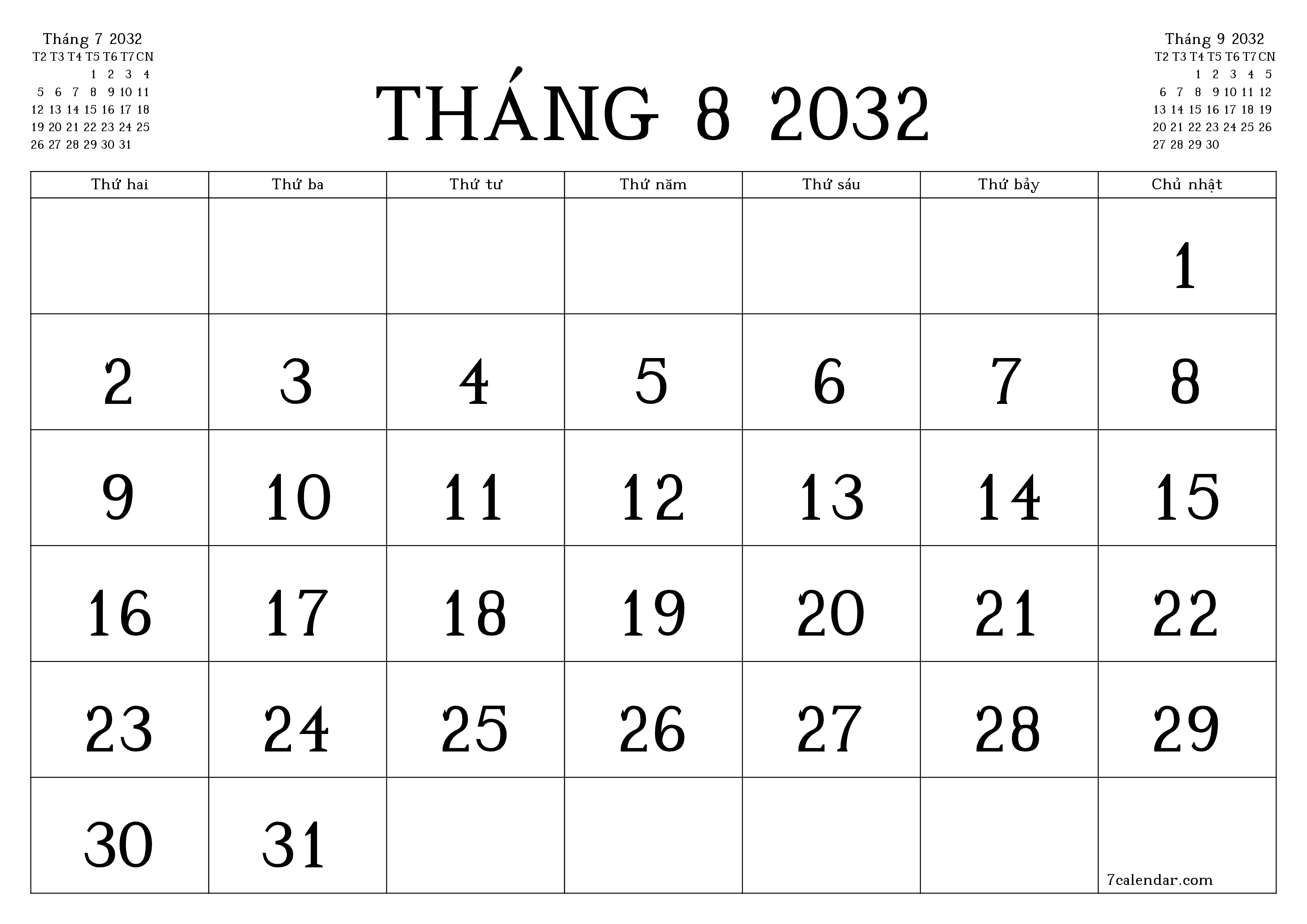 Công cụ lập kế hoạch hàng tháng trống cho tháng Tháng 8 2032 có ghi chú, lưu và in sang PDF PNG Vietnamese