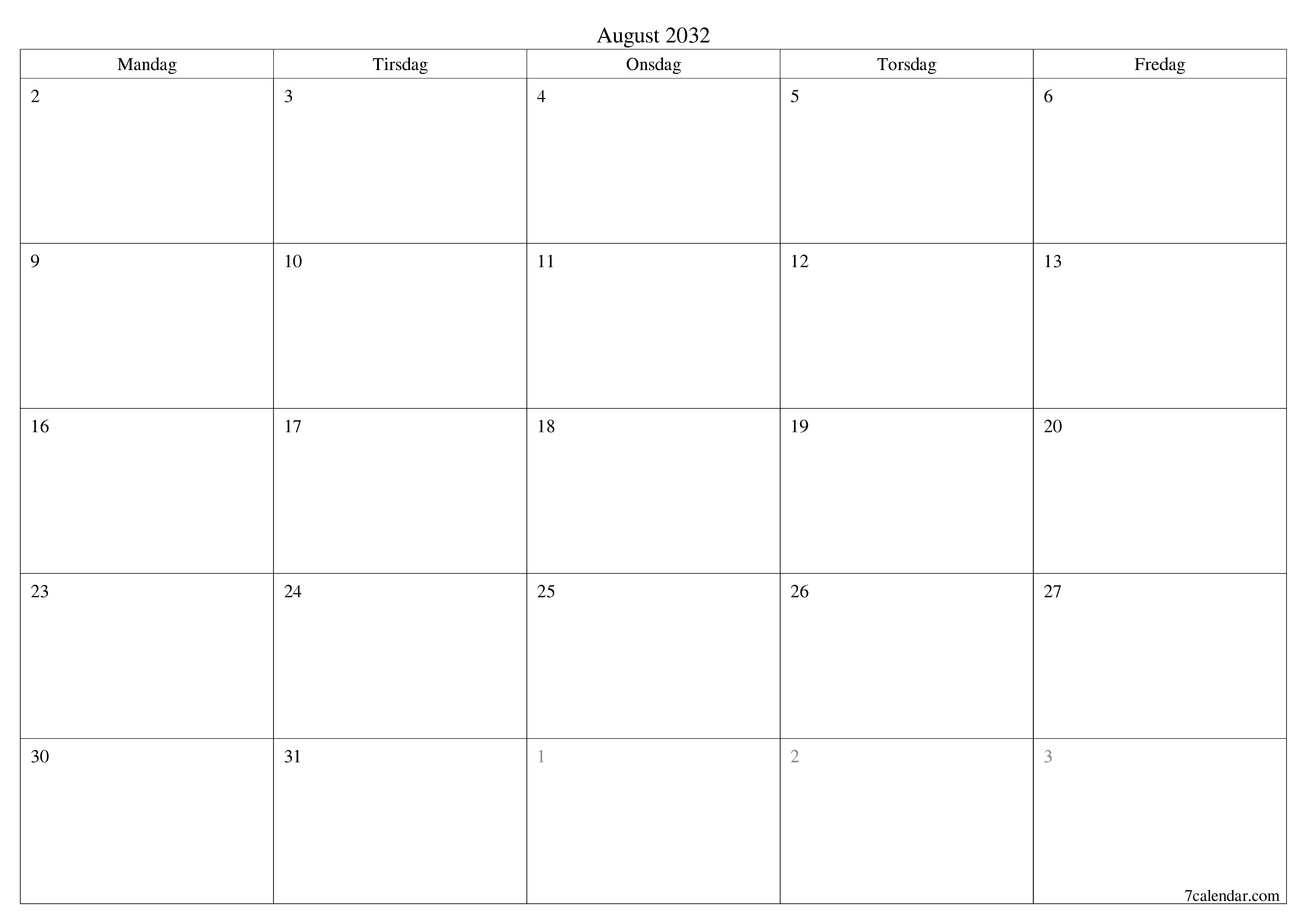 Tom månedlig planlegger for måned August 2032 med notater, lagre og skriv ut til PDF PNG Norwegian