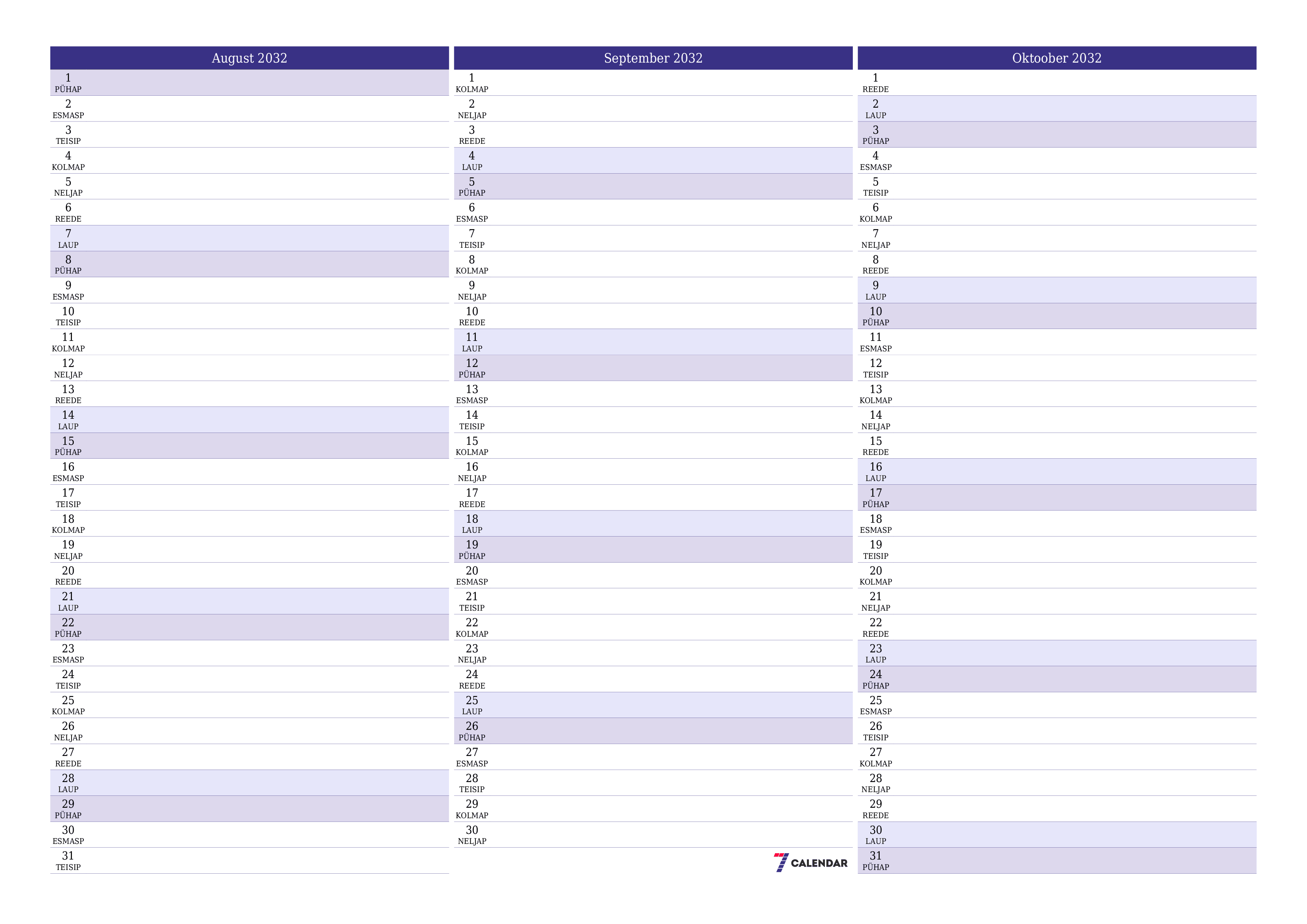 Tühjendage kuu August 2032 kuuplaneerija märkmetega, salvestage ja printige PDF-i PNG Estonian