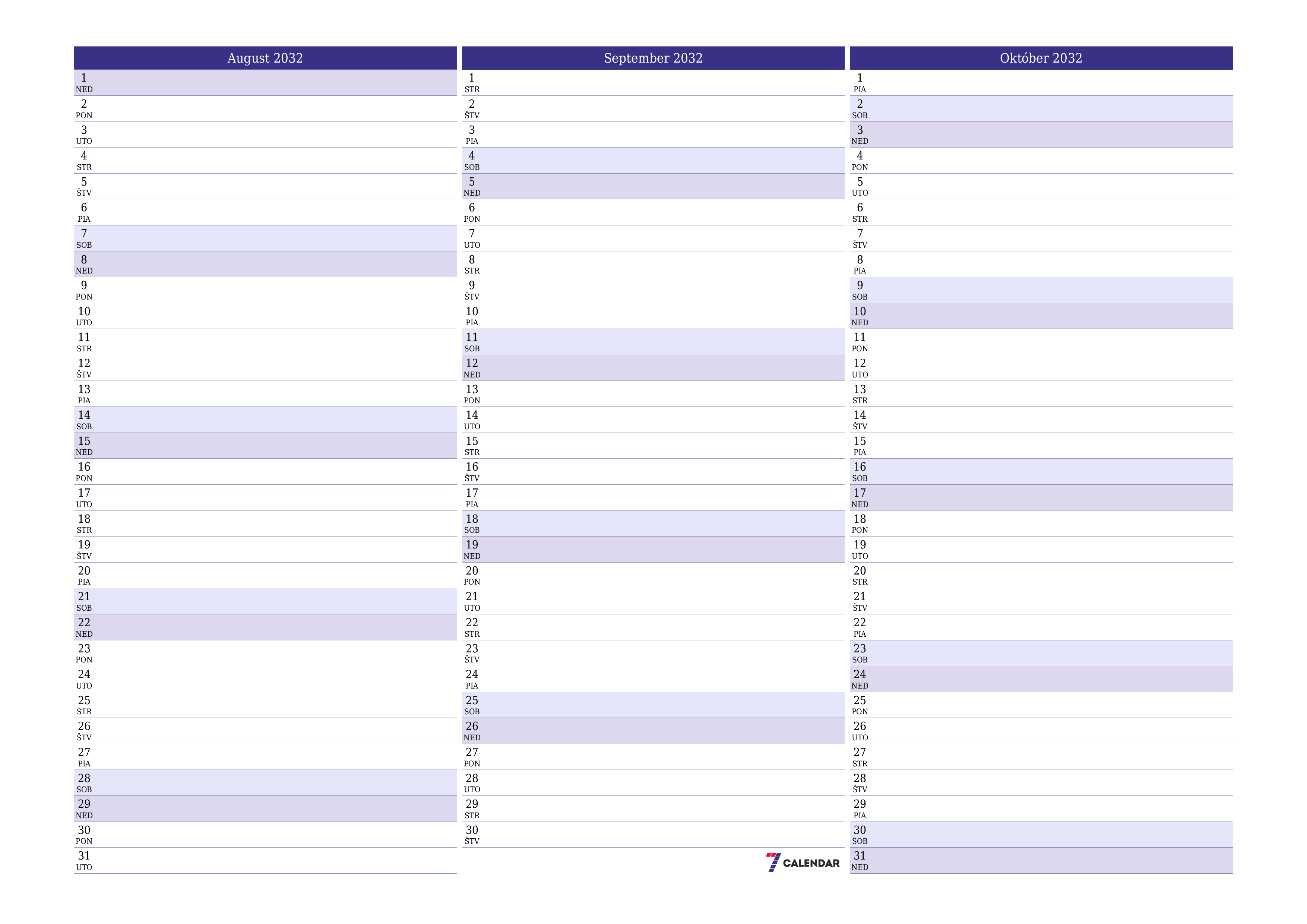 Prázdny mesačný plánovač na mesiac August 2032 s poznámkami, uloženie a tlač do PDF PNG Slovak