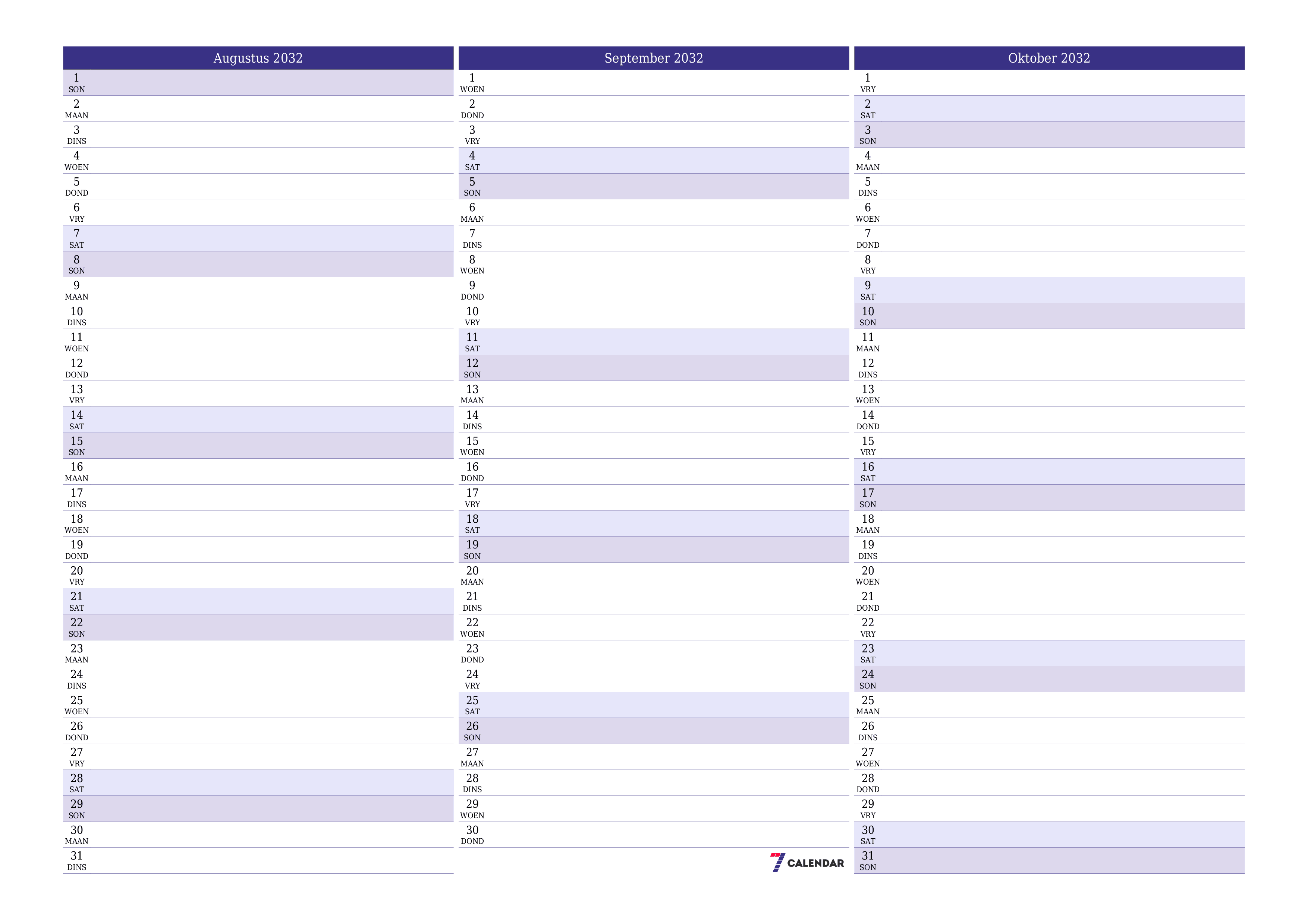 Leë maandelikse drukbare kalender en beplanner vir maand Augustus 2032 met notas stoor en druk na PDF PNG Afrikaans
