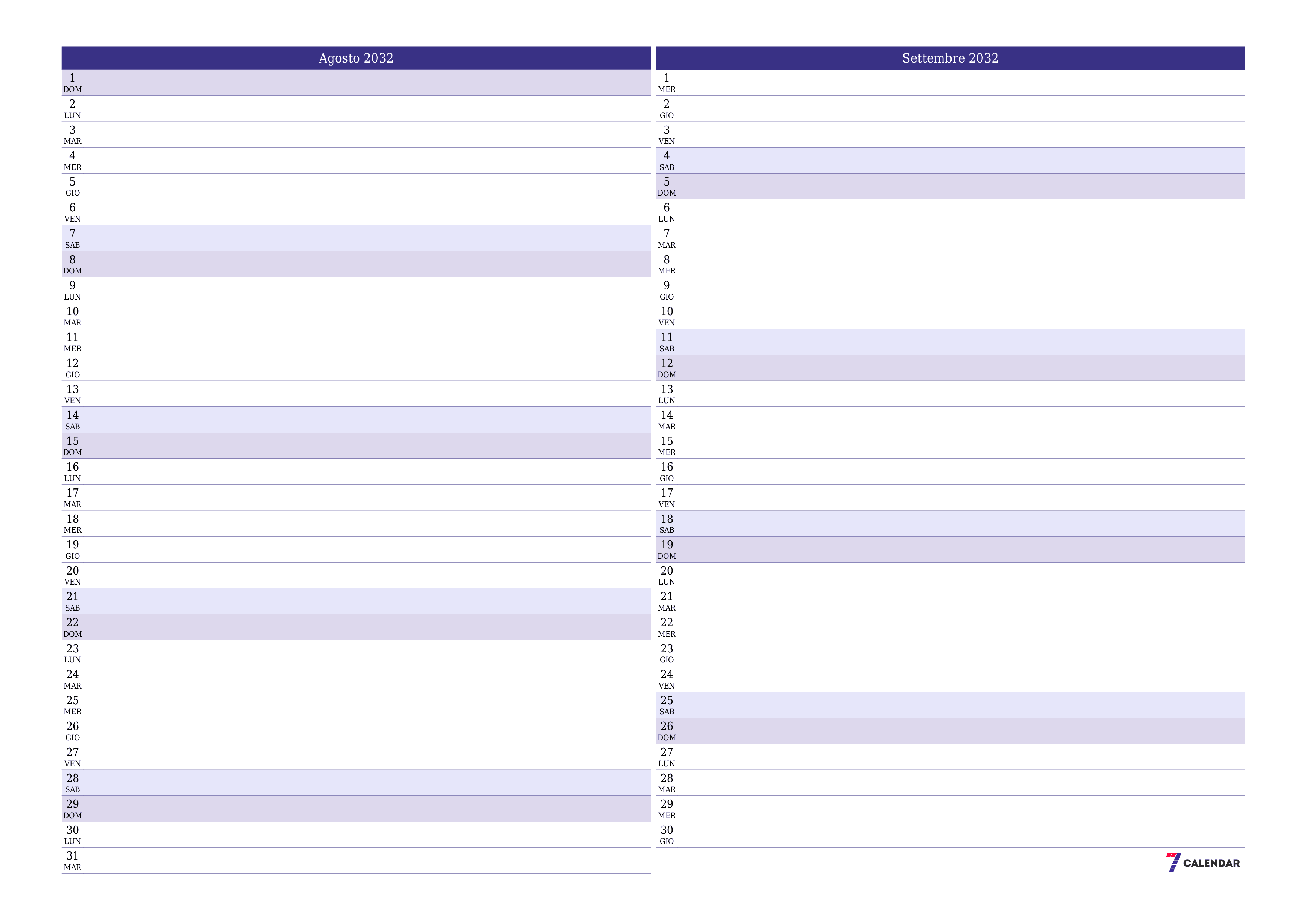 Pianificatore mensile vuoto per il mese Agosto 2032 con note, salva e stampa in PDF PNG Italian