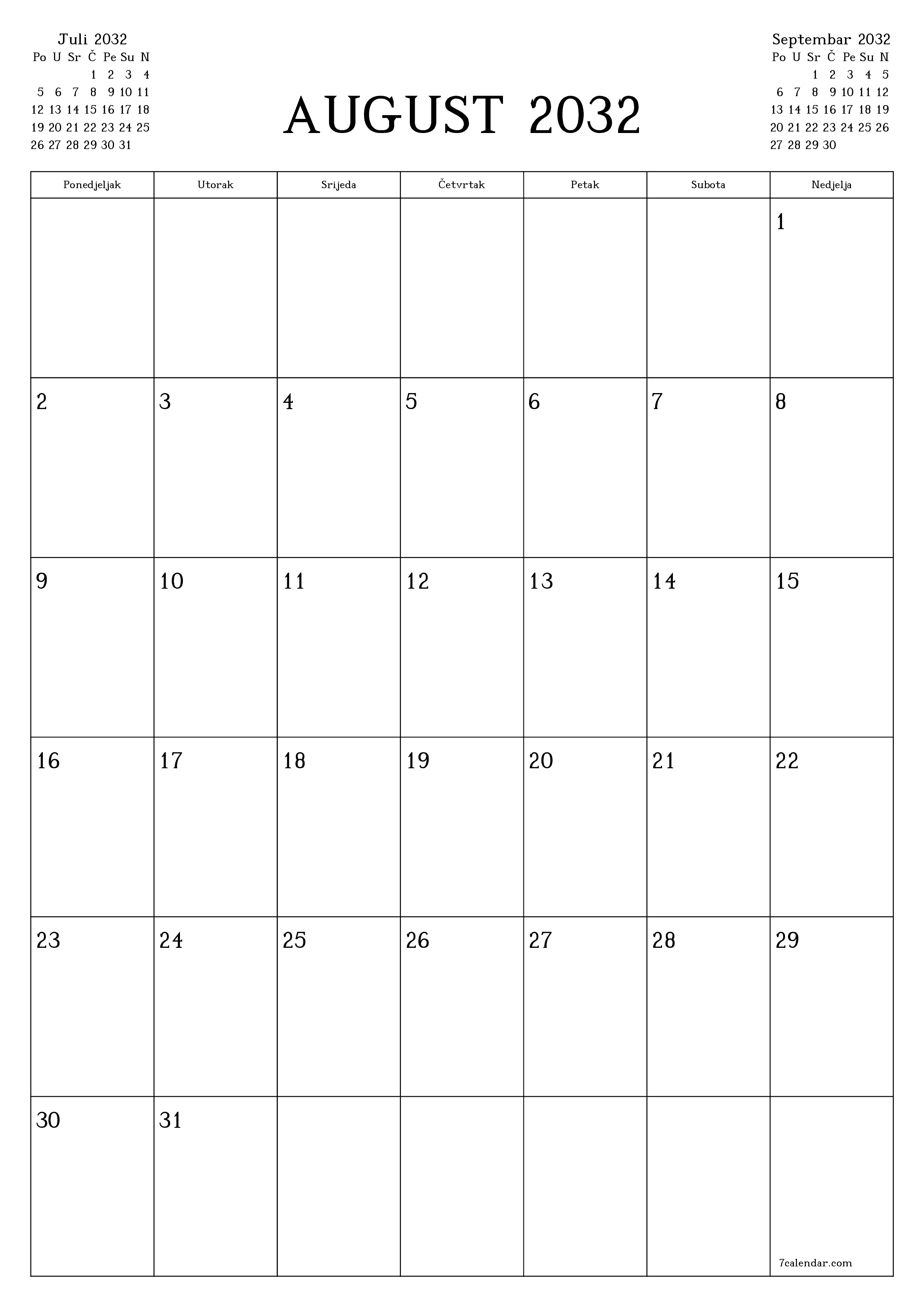  za štampanje zidni šablon a besplatni vertikalno Mjesečno planer kalendar August (Aug) 2032