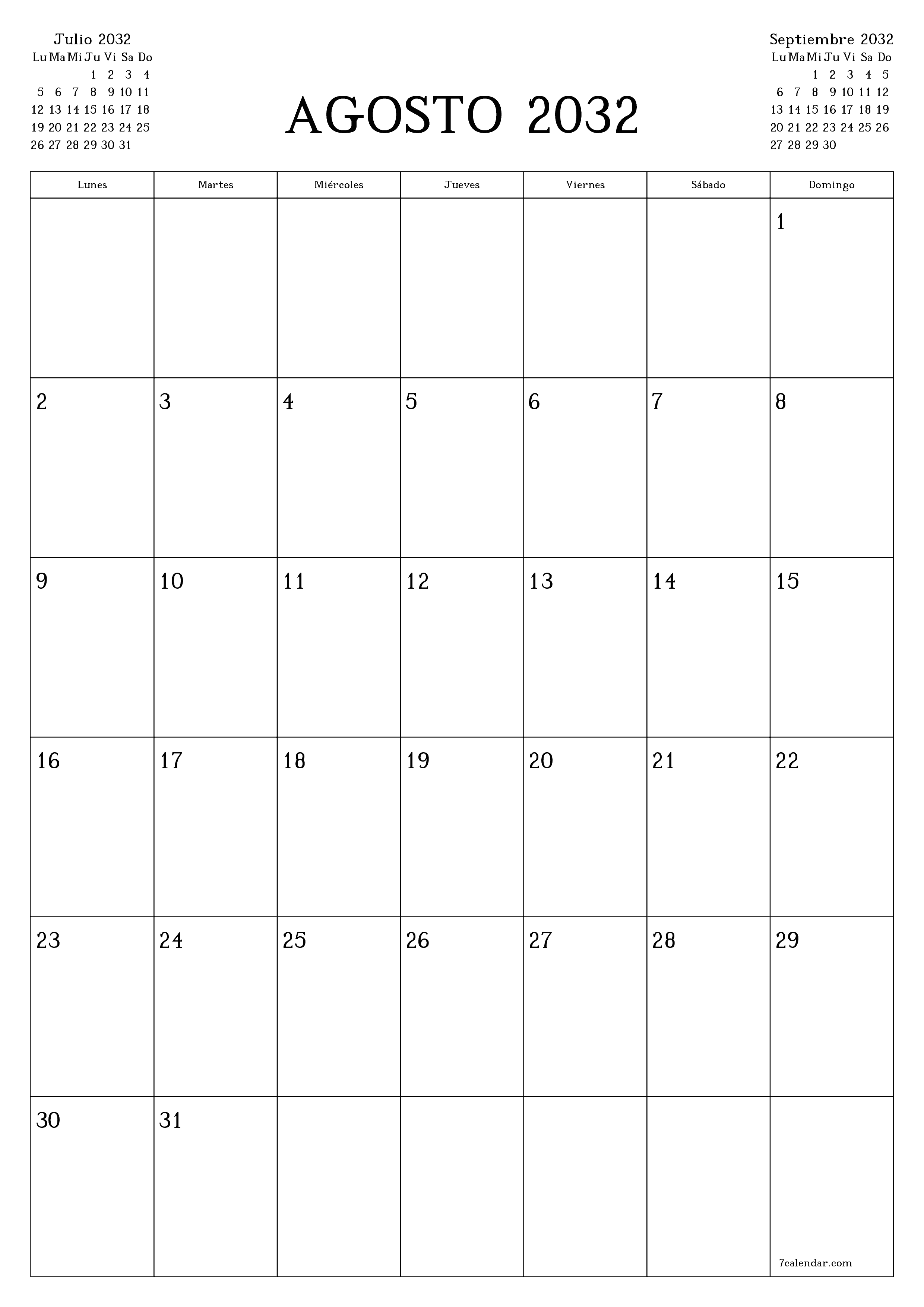  imprimible de pared plantilla de gratisvertical Mensual planificador calendario Agosto (Ago) 2032