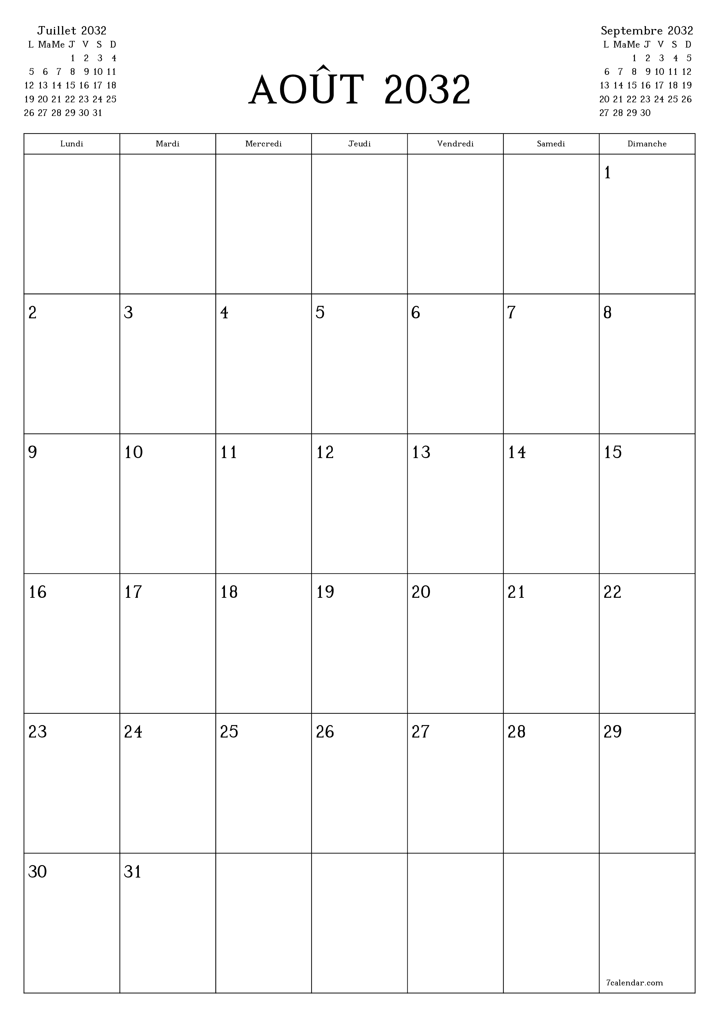  imprimable mural modèle de gratuitverticale Mensuel planificateur calendrier Août (Aou) 2032