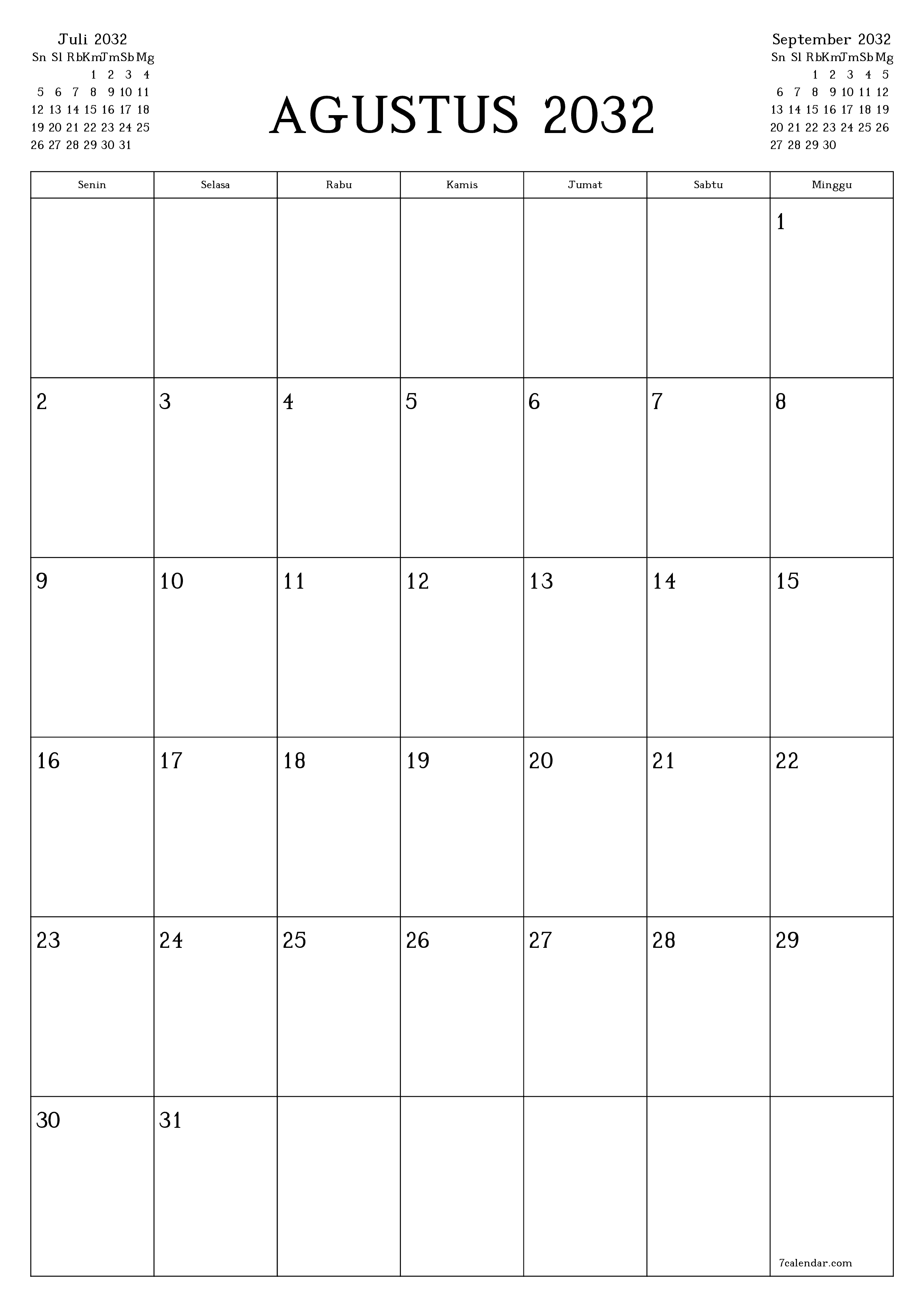 Kosongkan agenda bulanan untuk bulan Agustus 2032 dengan catatan, simpan dan cetak ke PDF PNG Indonesian