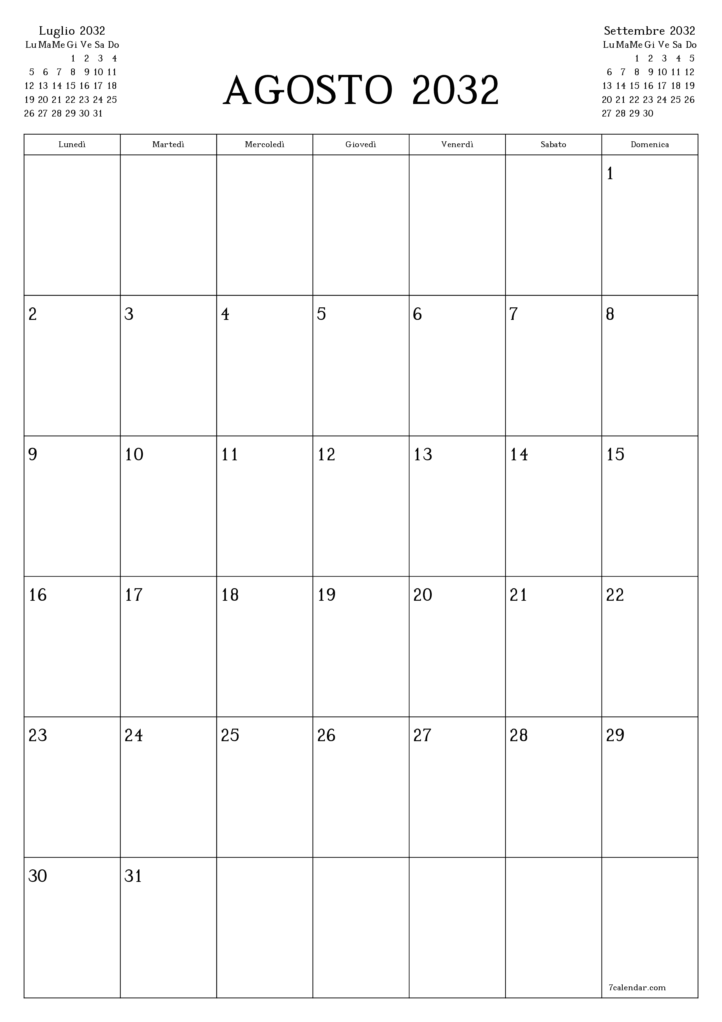 Pianificatore mensile vuoto per il mese Agosto 2032 con note, salva e stampa in PDF PNG Italian