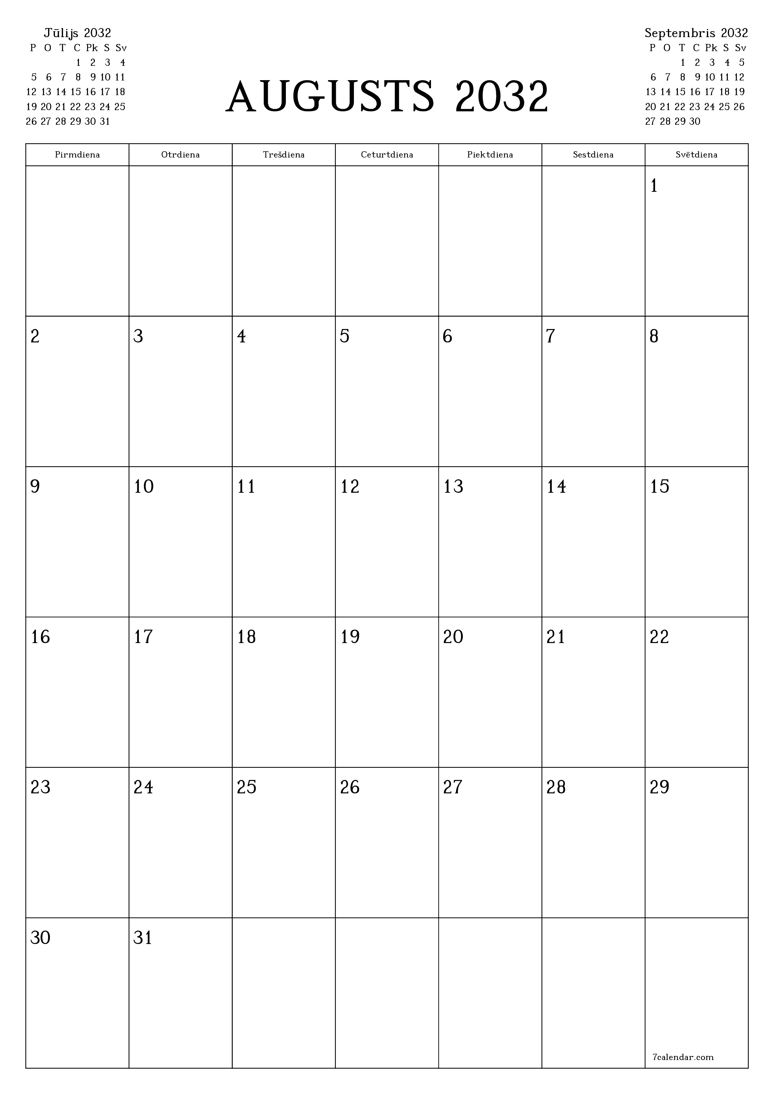 izdrukājams sienas kalendāra veidne bezmaksas vertikāli Mēneša plānotājs kalendārs Augusts (Aug) 2032