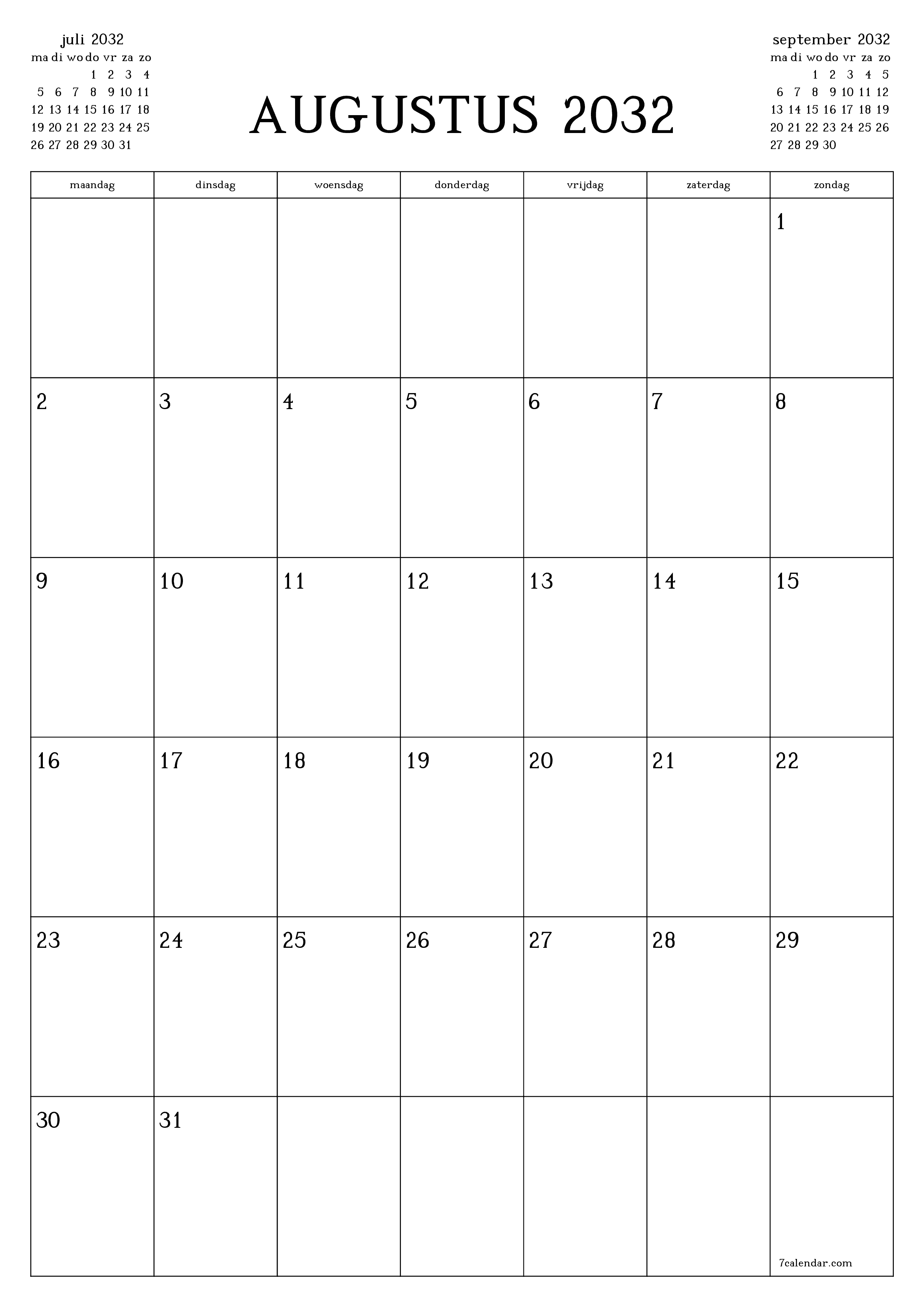 afdrukbare muur sjabloon gratis verticaal Maandelijks planner kalender augustus (aug) 2032