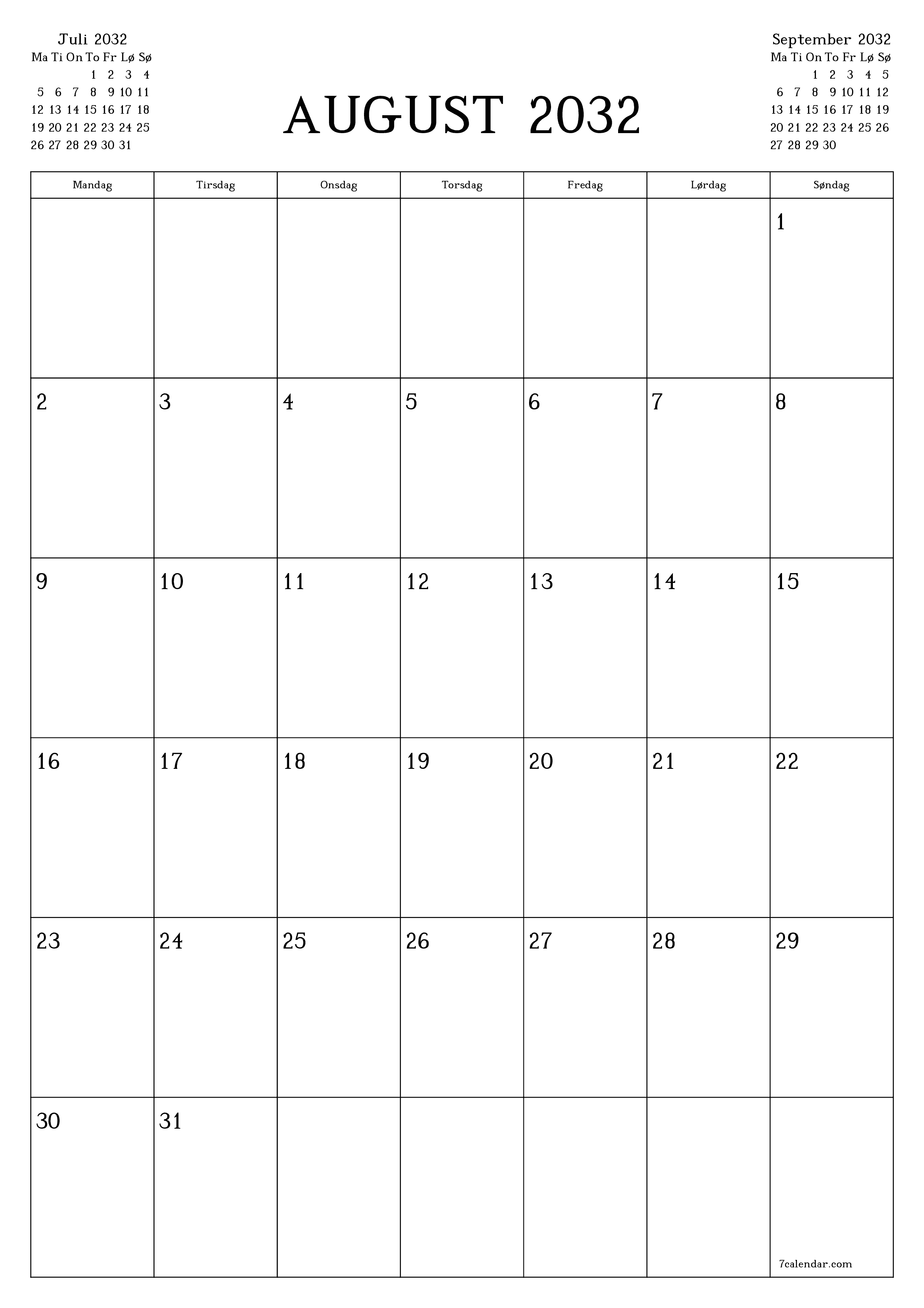 utskrivbar vegg mal gratis vertikal Månedlig planlegger kalender August (Aug) 2032