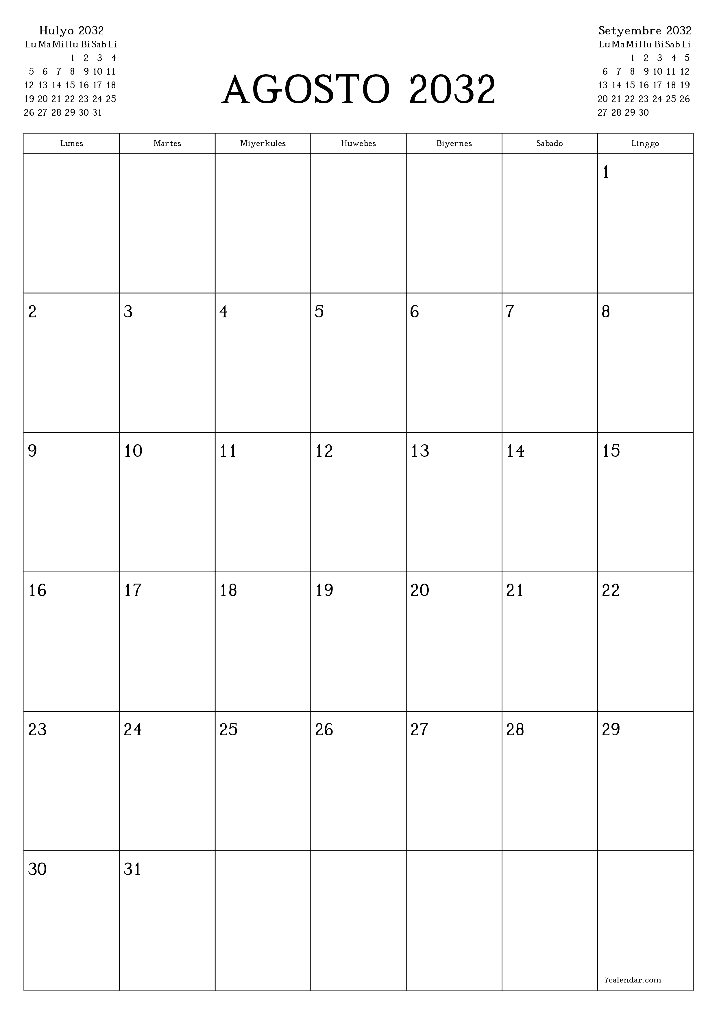 Walang laman na buwanang tagaplano para sa buwan na Agosto 2032 na may mga tala, i-save at i-print sa PDF PNG Filipino