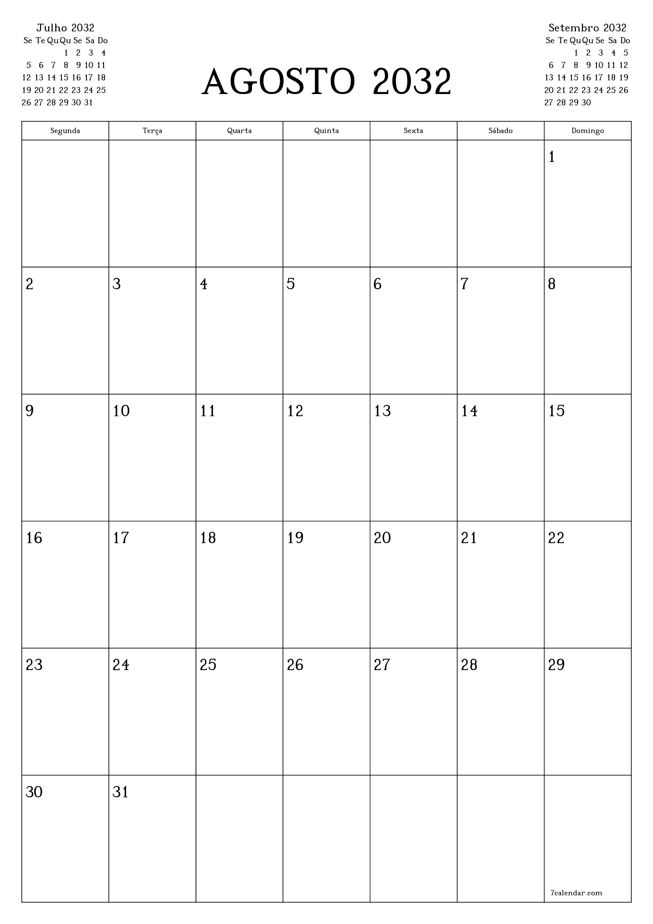  para impressão de parede modelo de grátisvertical Mensal planejador calendário Agosto (Ago) 2032
