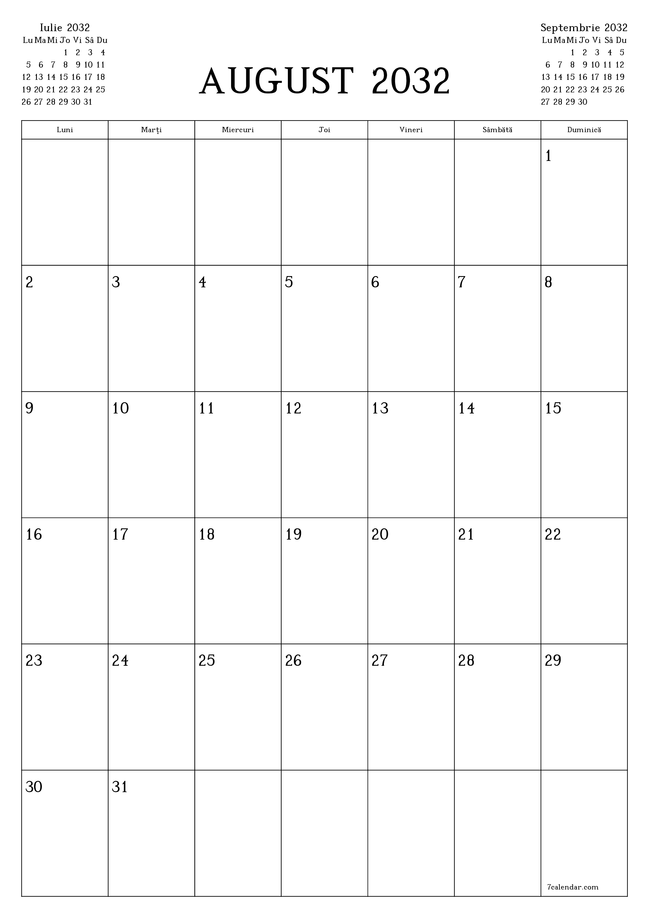  imprimabil de perete șablon de gratuitvertical Lunar planificator calendar August (Aug) 2032