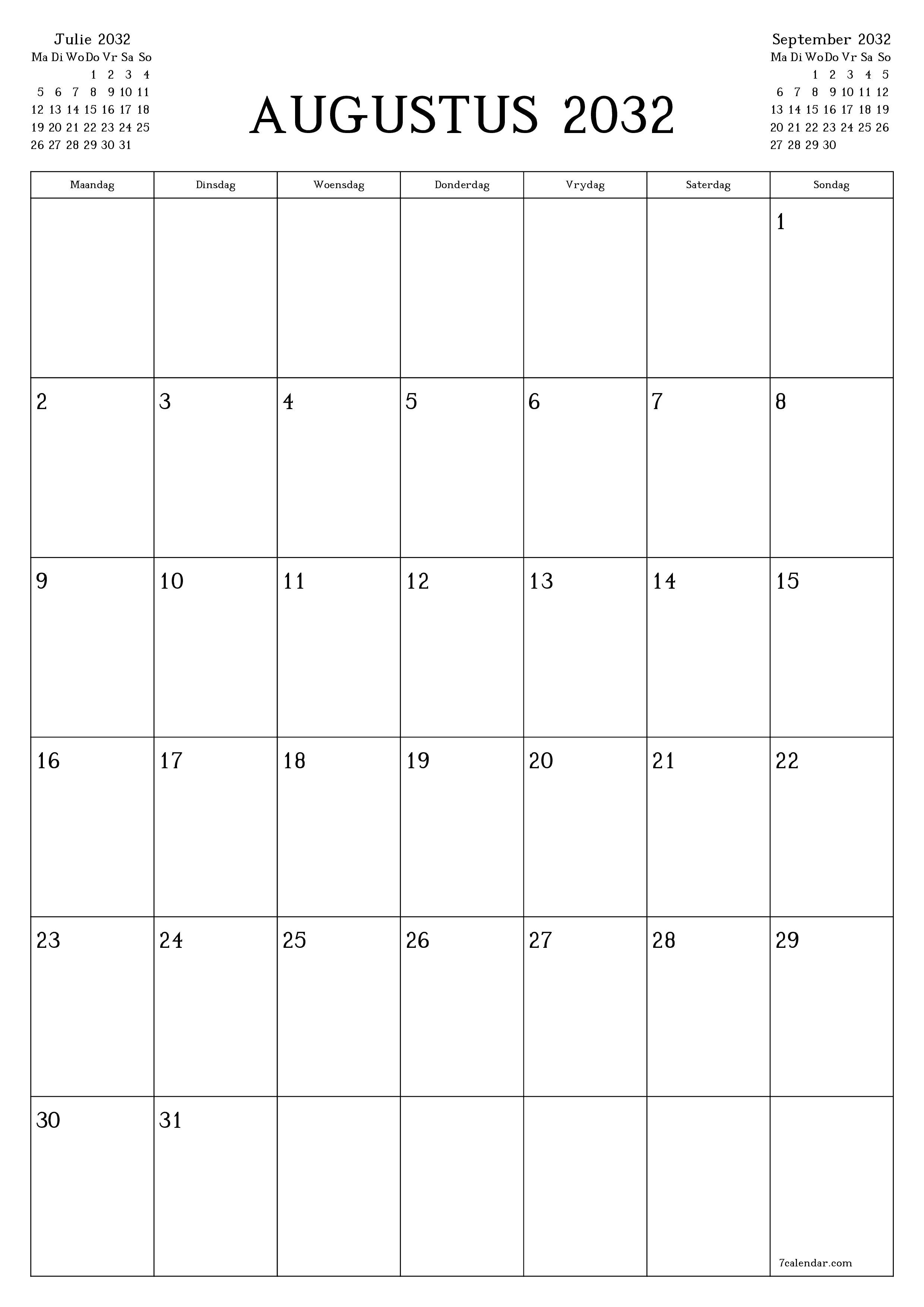 Leë maandelikse drukbare kalender en beplanner vir maand Augustus 2032 met notas stoor en druk na PDF PNG Afrikaans