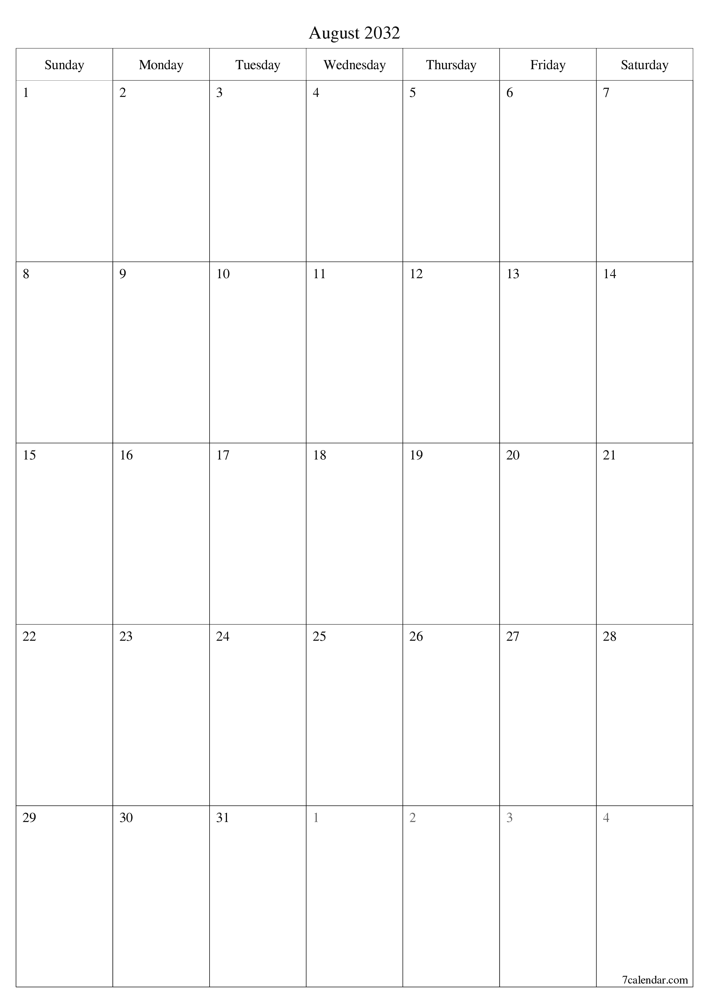 Blank calendar August 2032