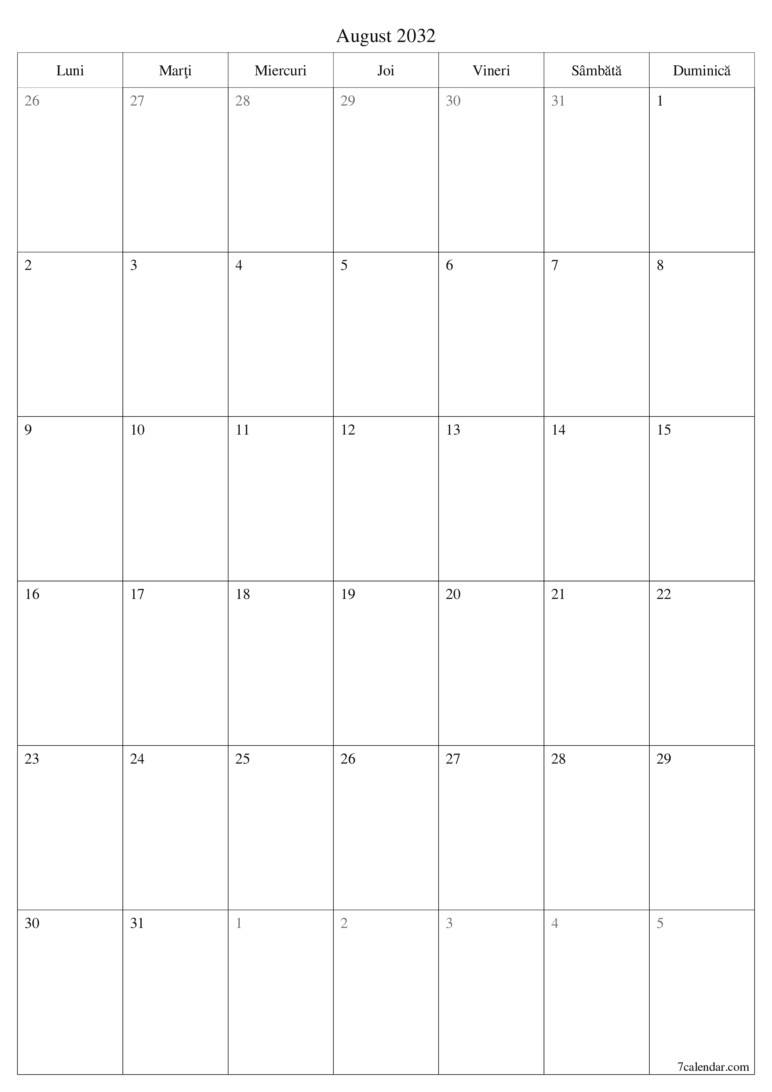  imprimabil de perete șablon de gratuitvertical Lunar planificator calendar August (Aug) 2032