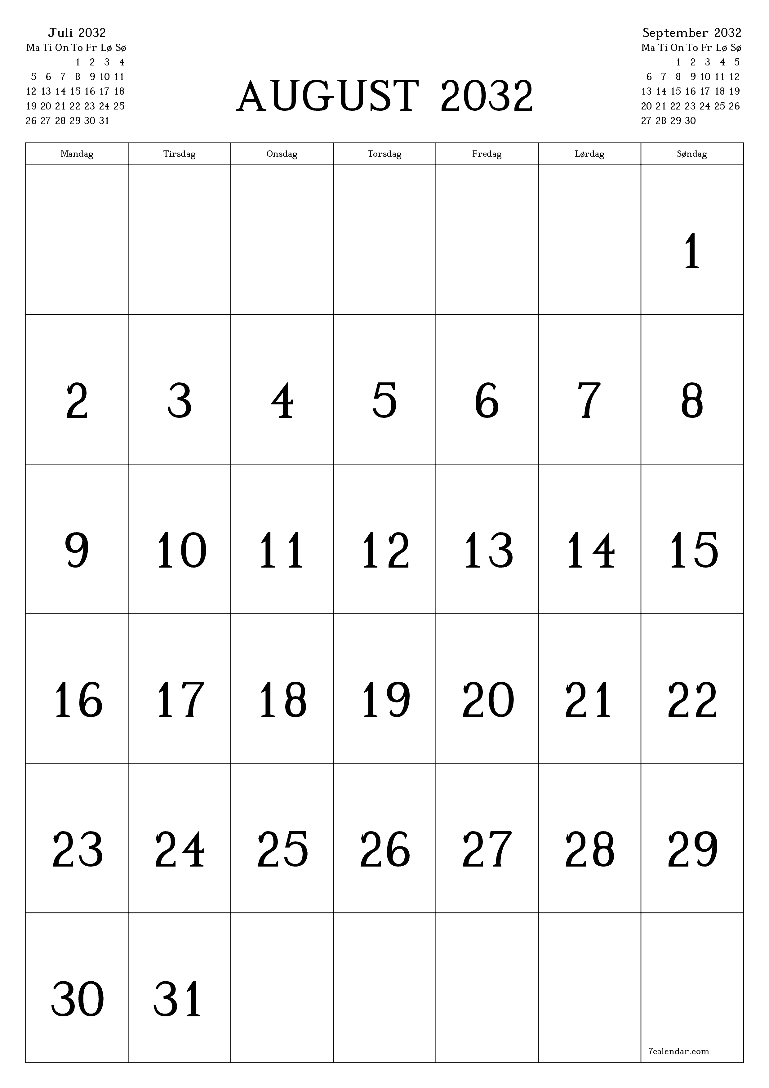 Tom månedlig planlægning for måned August 2032 med noter, gem og udskriv til PDF PNG Danish
