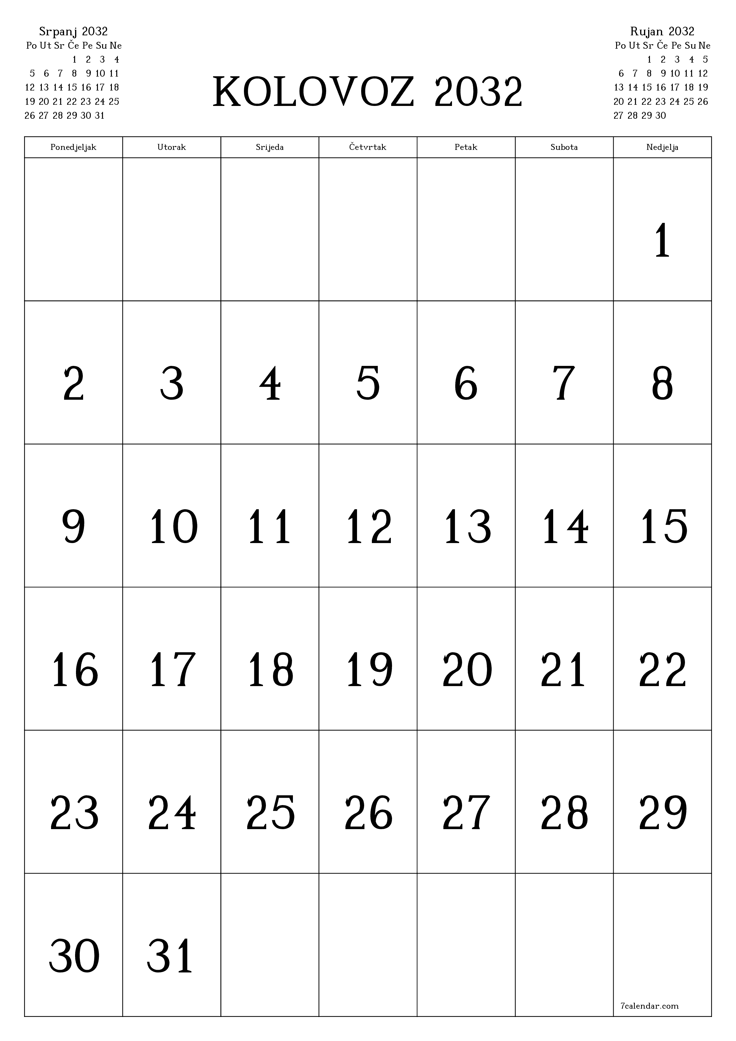  za ispis zidni predložak a besplatni okomito Mjesečni kalendar Kolovoz (Kol) 2032