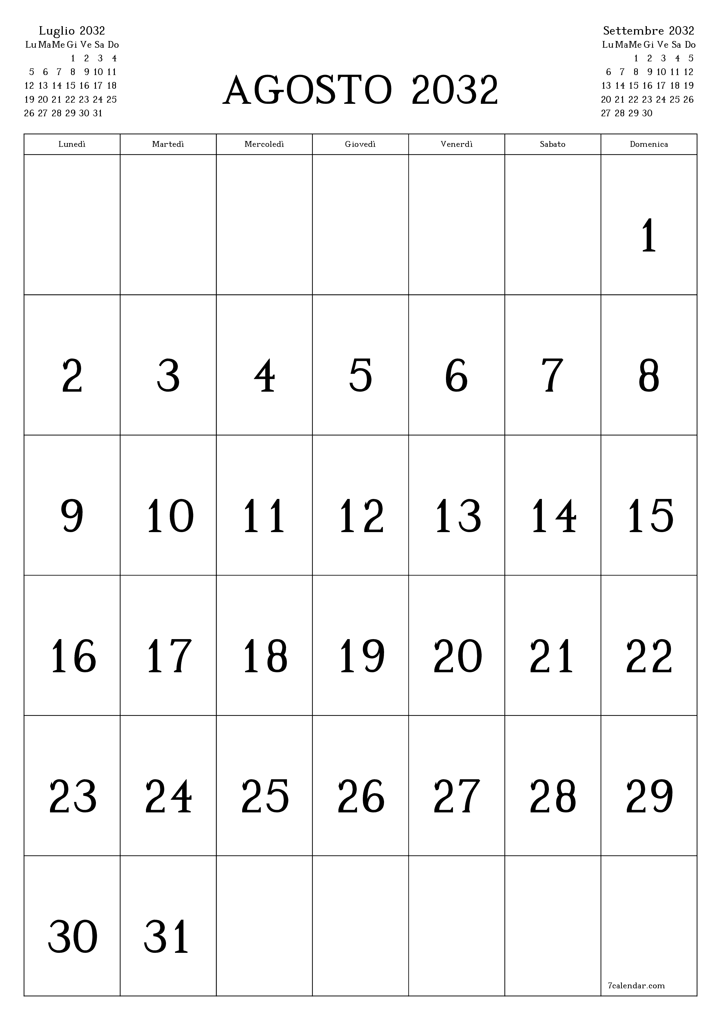 Pianificatore mensile vuoto per il mese Agosto 2032 con note, salva e stampa in PDF PNG Italian