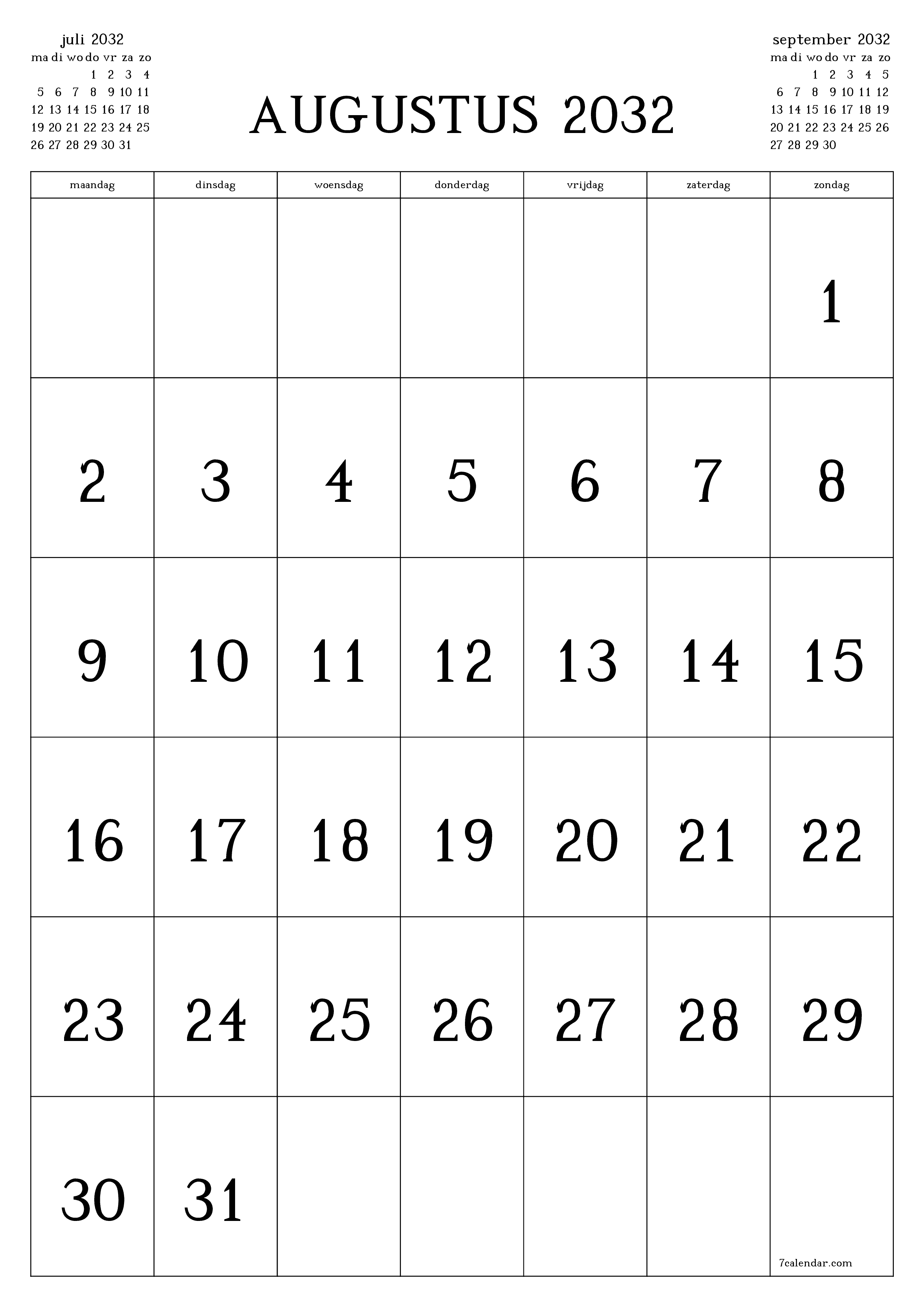afdrukbare muur sjabloon gratis verticaal Maandelijks kalender augustus (aug) 2032