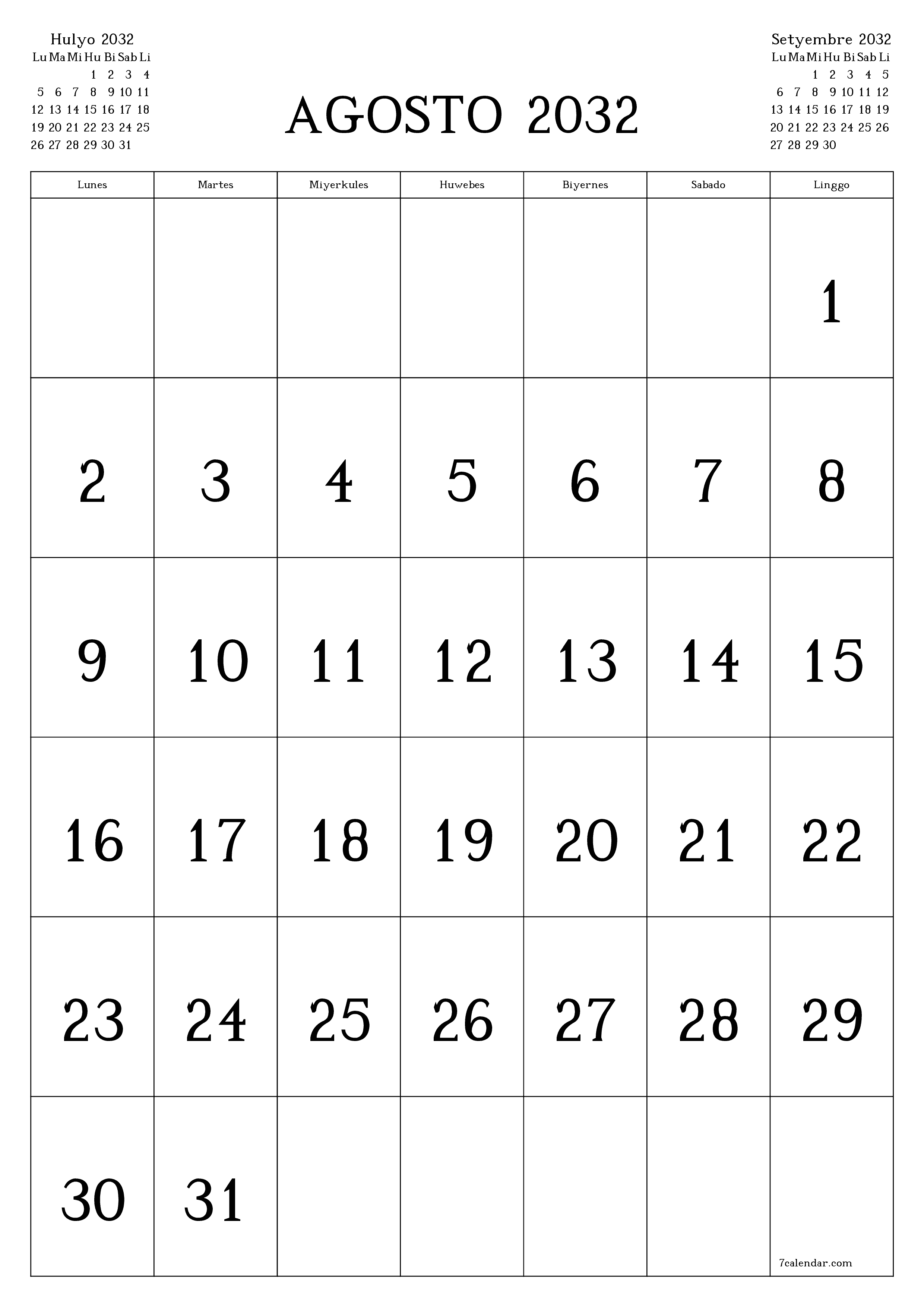 Walang laman na buwanang tagaplano para sa buwan na Agosto 2032 na may mga tala, i-save at i-print sa PDF PNG Filipino