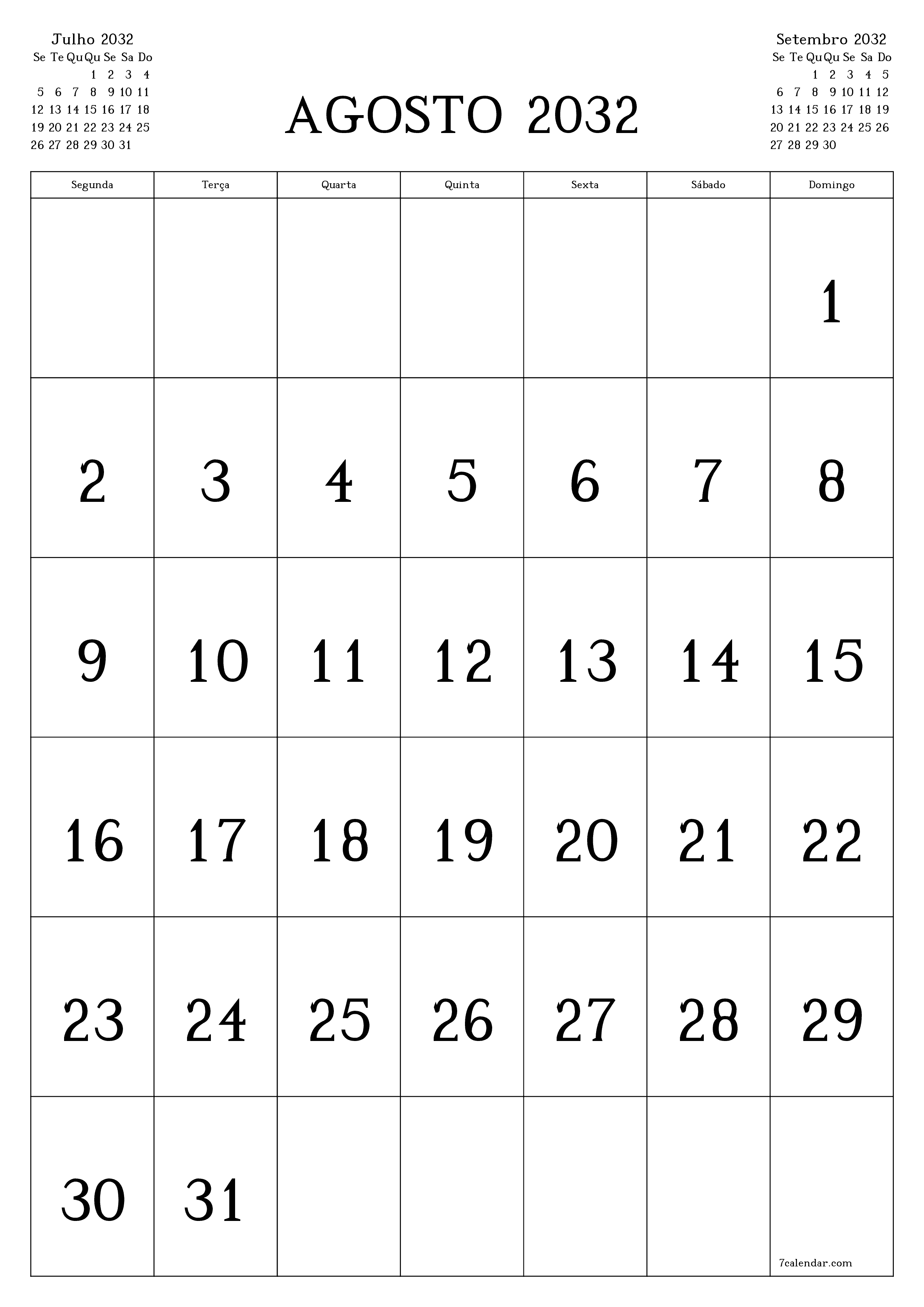  para impressão de parede modelo de grátisvertical Mensal calendário Agosto (Ago) 2032