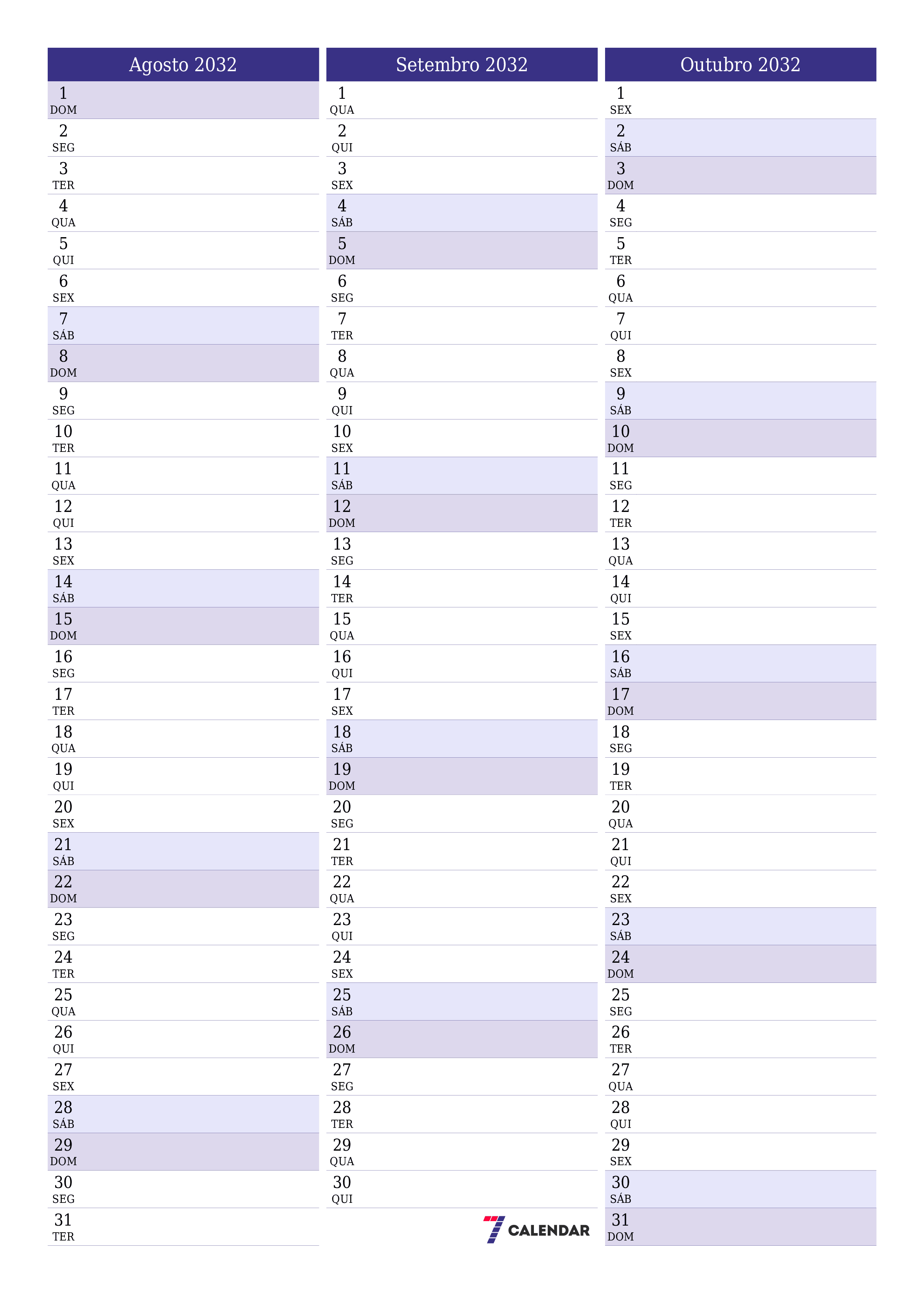  para impressão de parede modelo de grátisvertical Mensal planejador calendário Agosto (Ago) 2032