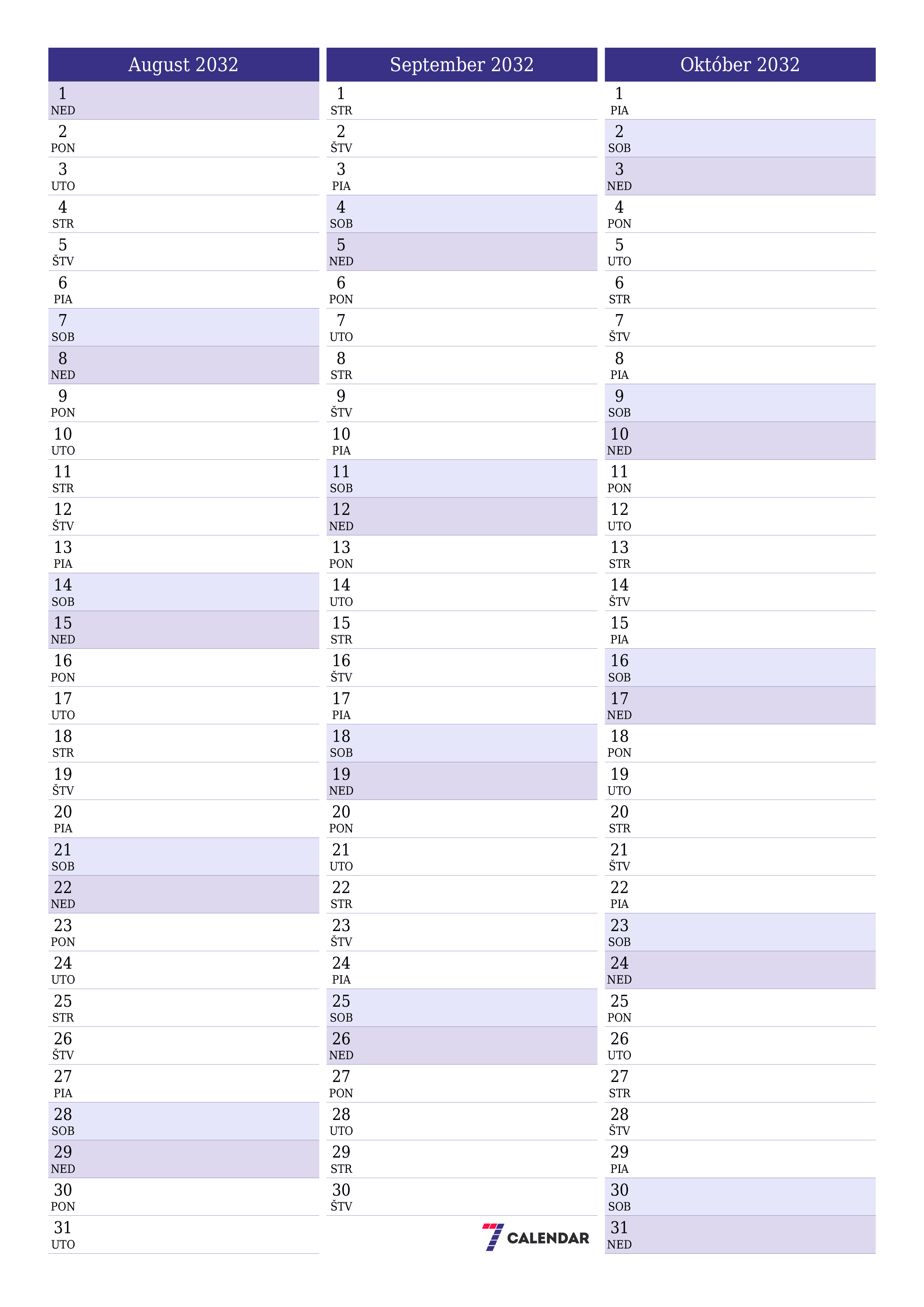 vytlačiteľný nástenný šablóna a bezplatný вертикальный Mesačne plánovač kalendár August (Aug) 2032