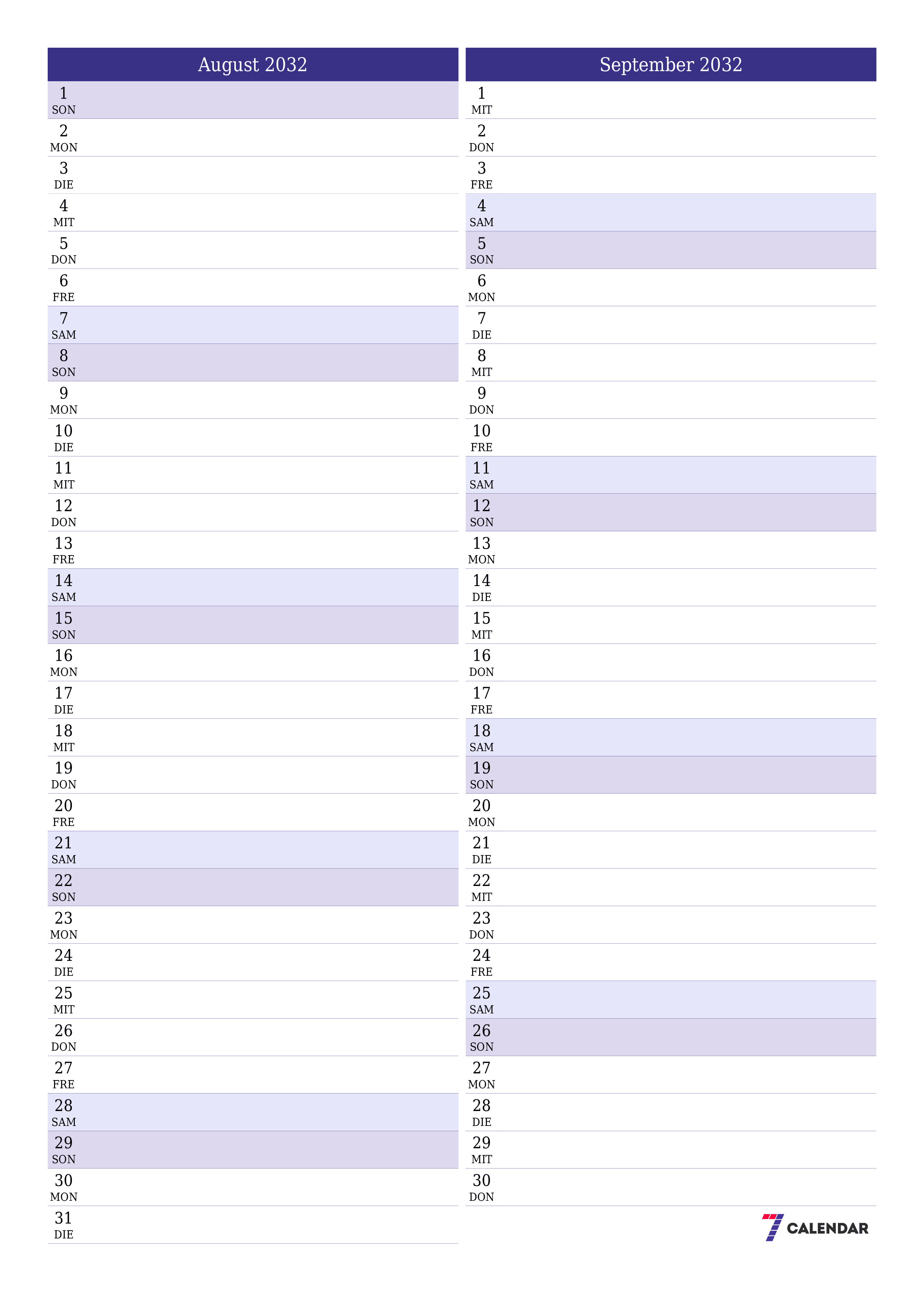 Monatsplaner für Monat August 2032 mit Notizen leeren, speichern und als PDF PNG German - 7calendar.com drucken
