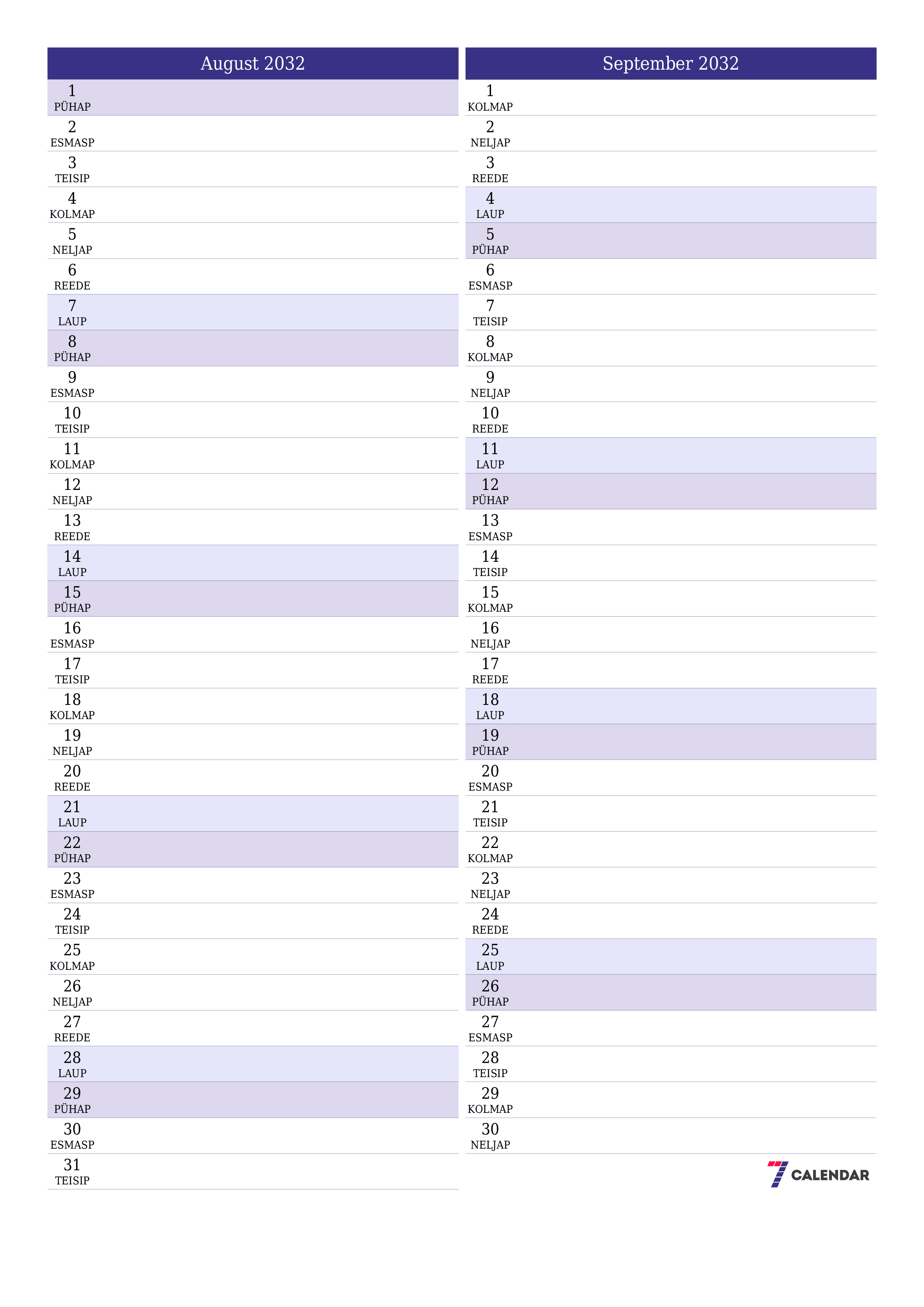 Tühjendage kuu August 2032 kuuplaneerija märkmetega, salvestage ja printige PDF-i PNG Estonian