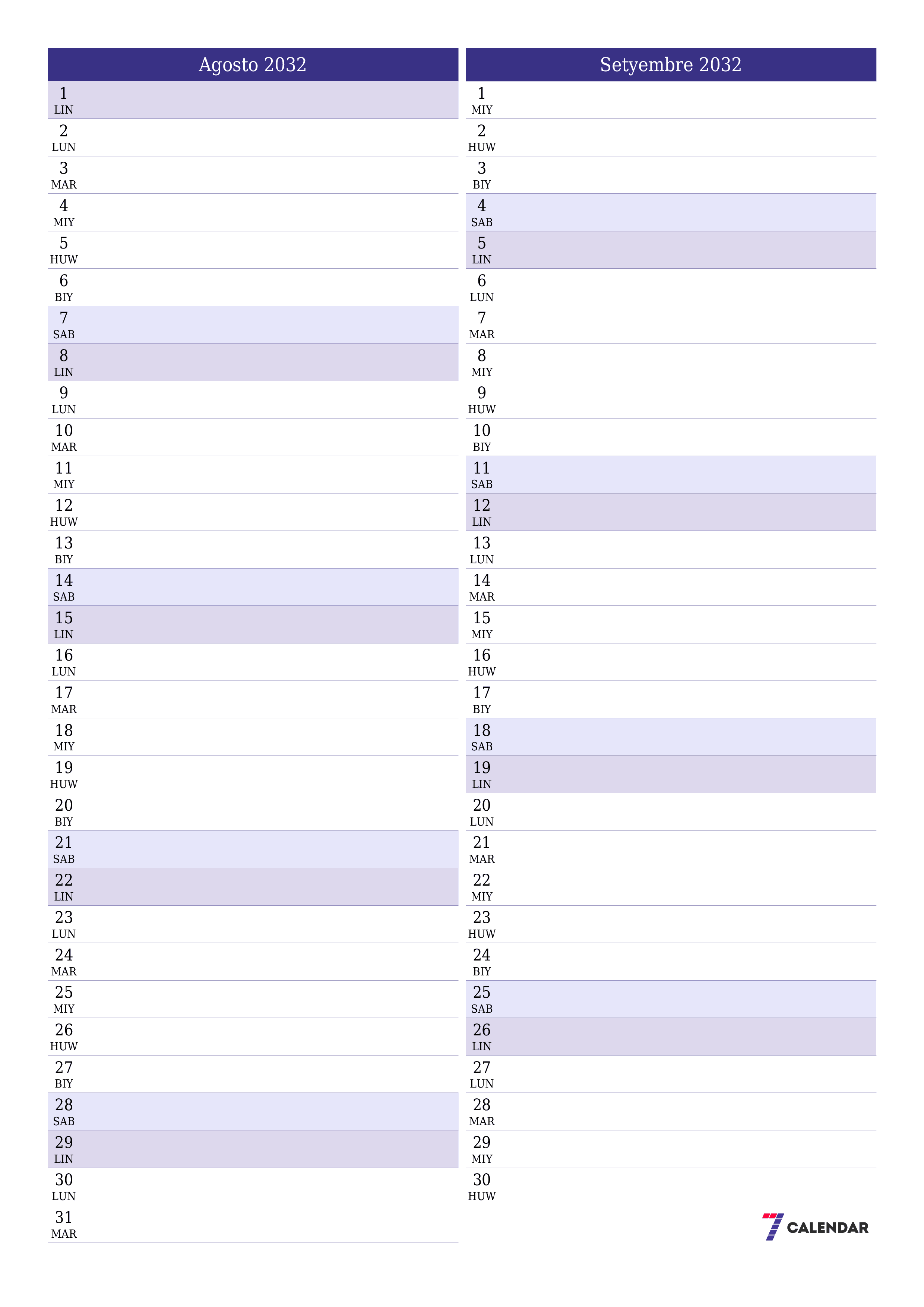 Walang laman na buwanang tagaplano para sa buwan na Agosto 2032 na may mga tala, i-save at i-print sa PDF PNG Filipino