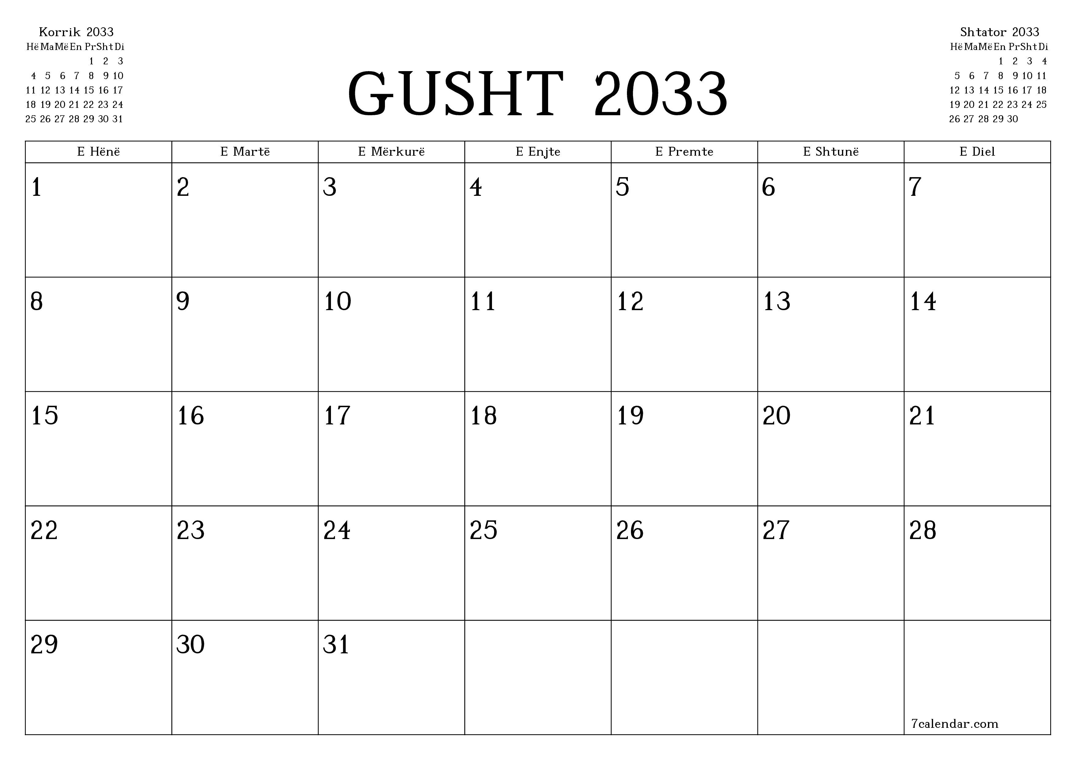 Planifikuesi i zbrazët i kalendarit mujor për muajin Gusht 2033 me shënime të ruajtura dhe të printuara në PDF PNG Albanian