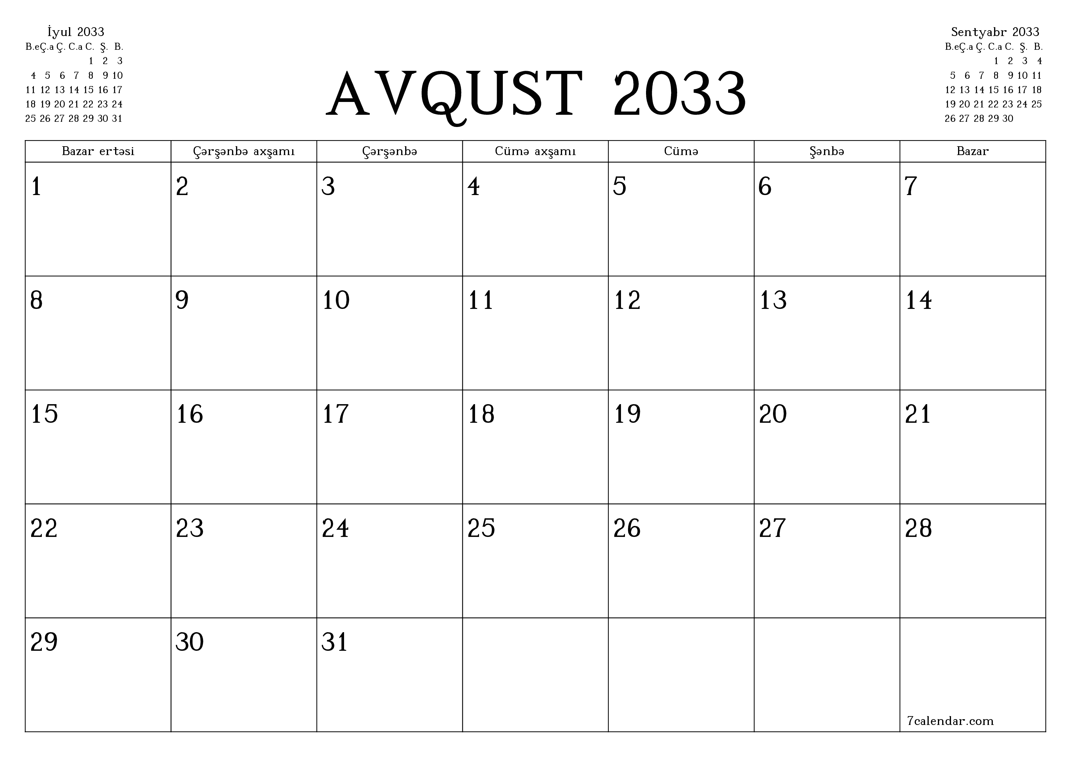 Avqust 2033 ayı üçün qeydlər ilə boş aylıq planlayıcı, qeyd edin və PDF-ə yazdırın PNG Azerbaijani