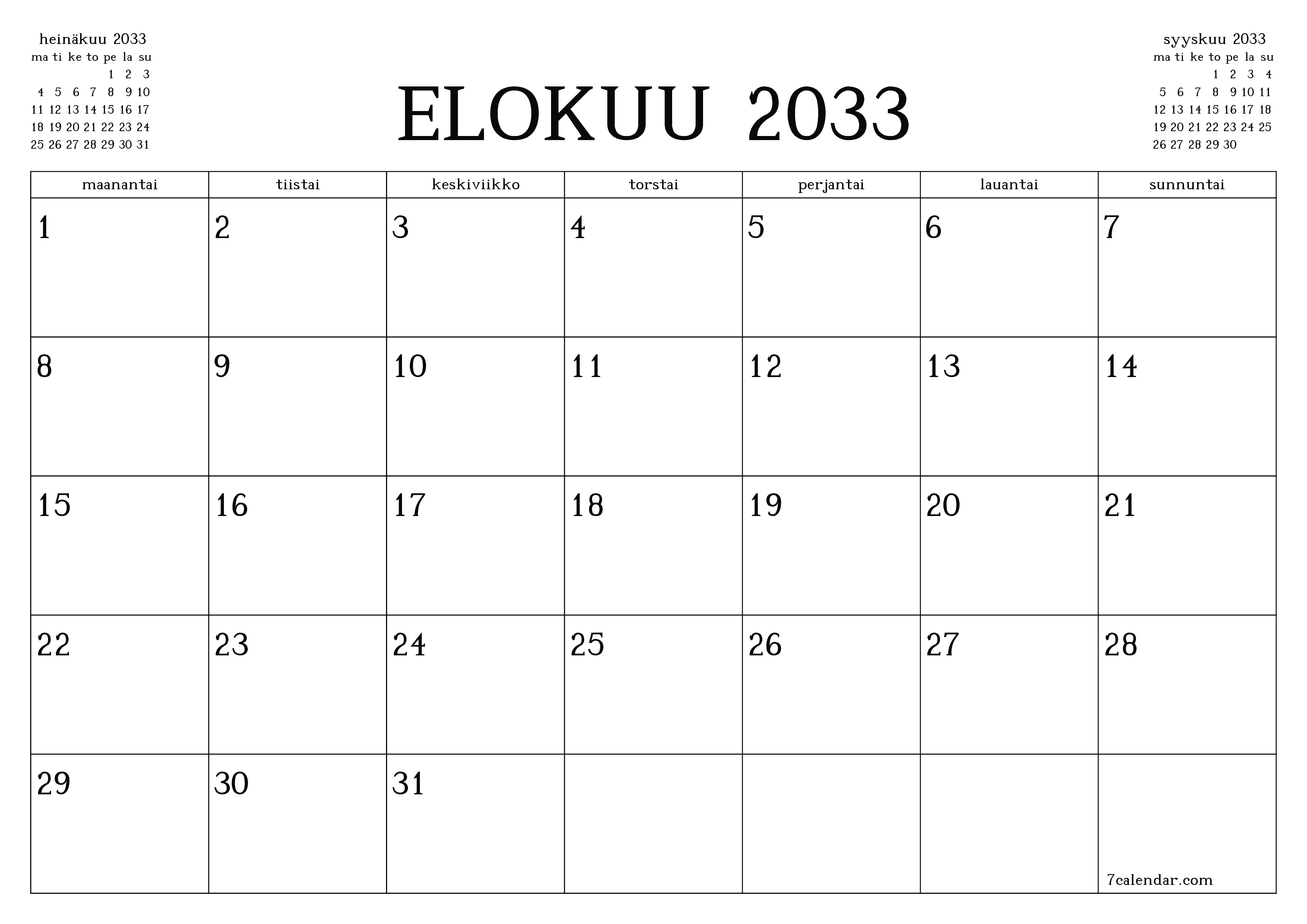 Tyhjennä kuukausittainen suunnittelija kuukaudelle Elokuu 2033 muistiinpanoilla, tallenna ja tulosta PDF-muotoon PNG Finnish