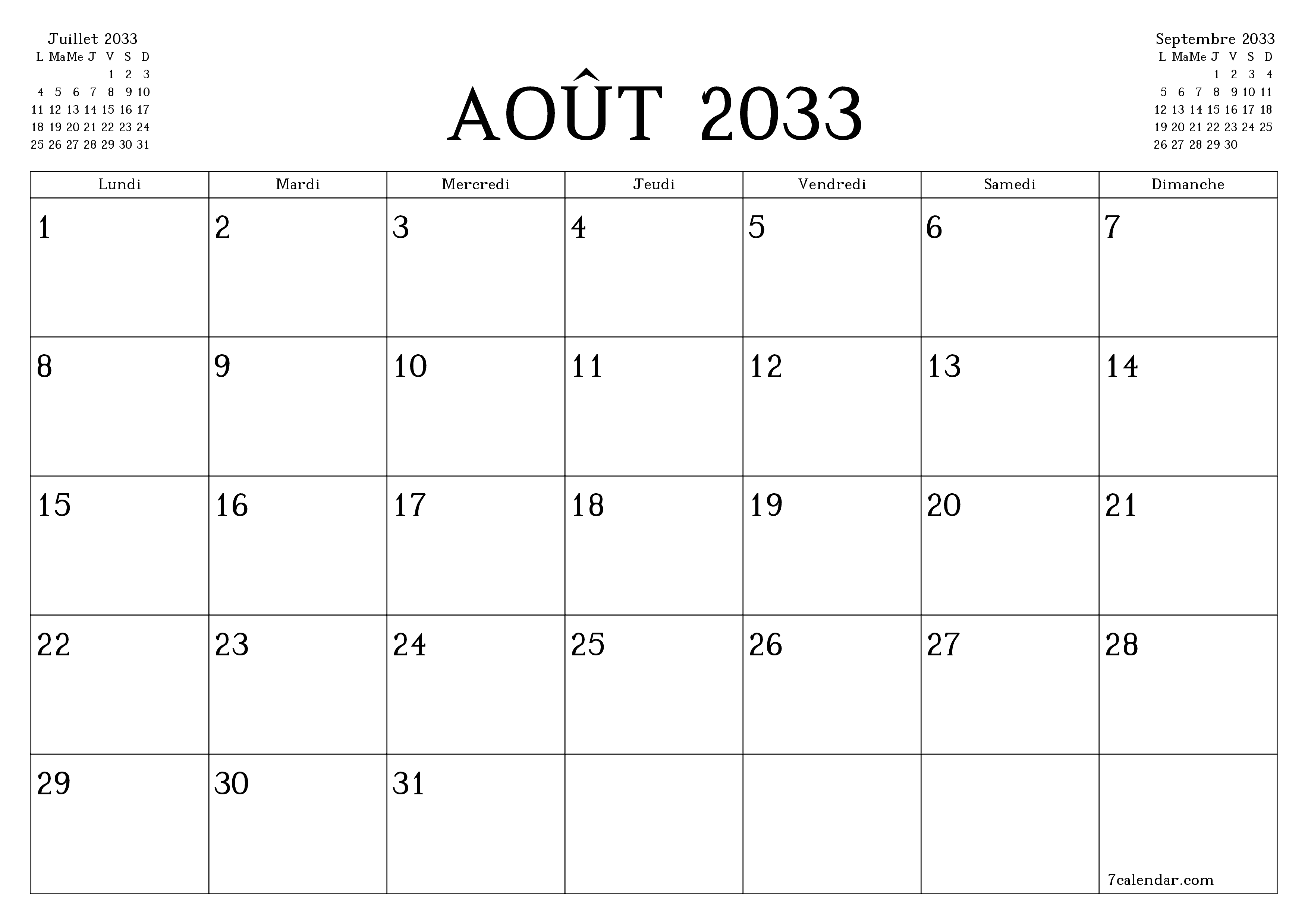 Agenda mensuel vide pour le mois Août 2033 avec notes, enregistrez et imprimez au format PDF PNG French