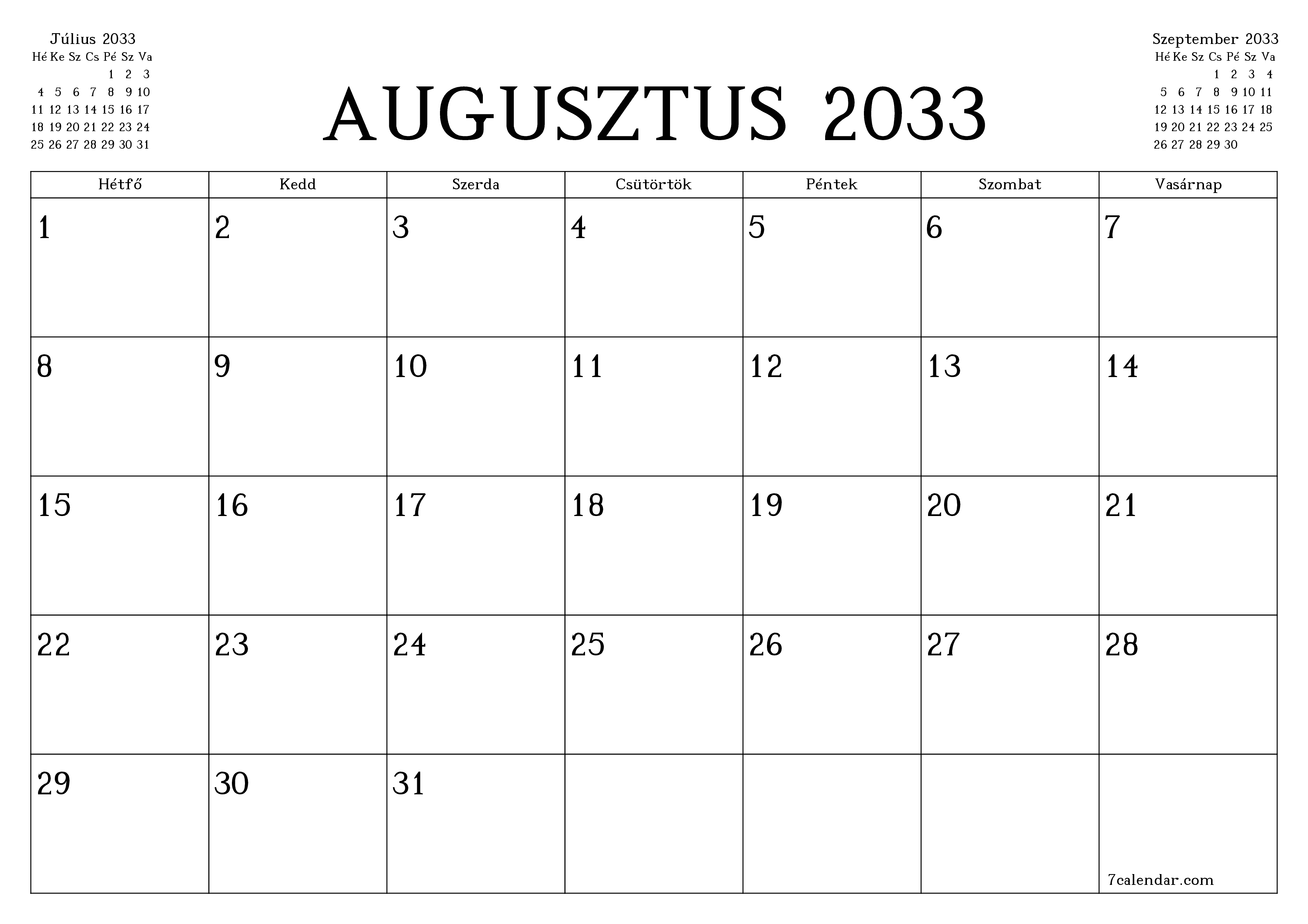 Üres havi tervező a Augusztus 2033 hónapra jegyzetekkel, mentés és nyomtatás PDF-be PNG Hungarian