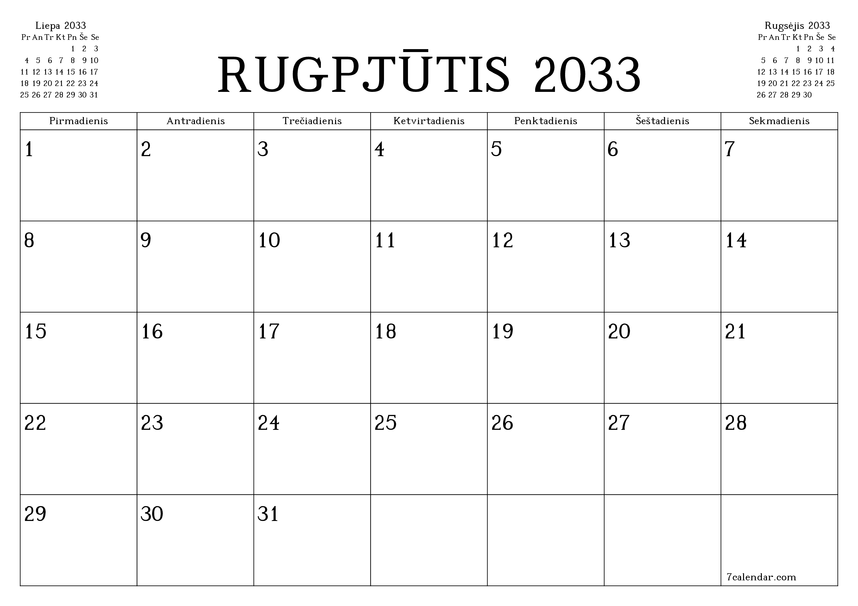 Ištuštinti mėnesio Rugpjūtis 2033 mėnesio planavimo priemonę su užrašais, išsaugoti ir atsispausdinti PDF formate PNG Lithuanian