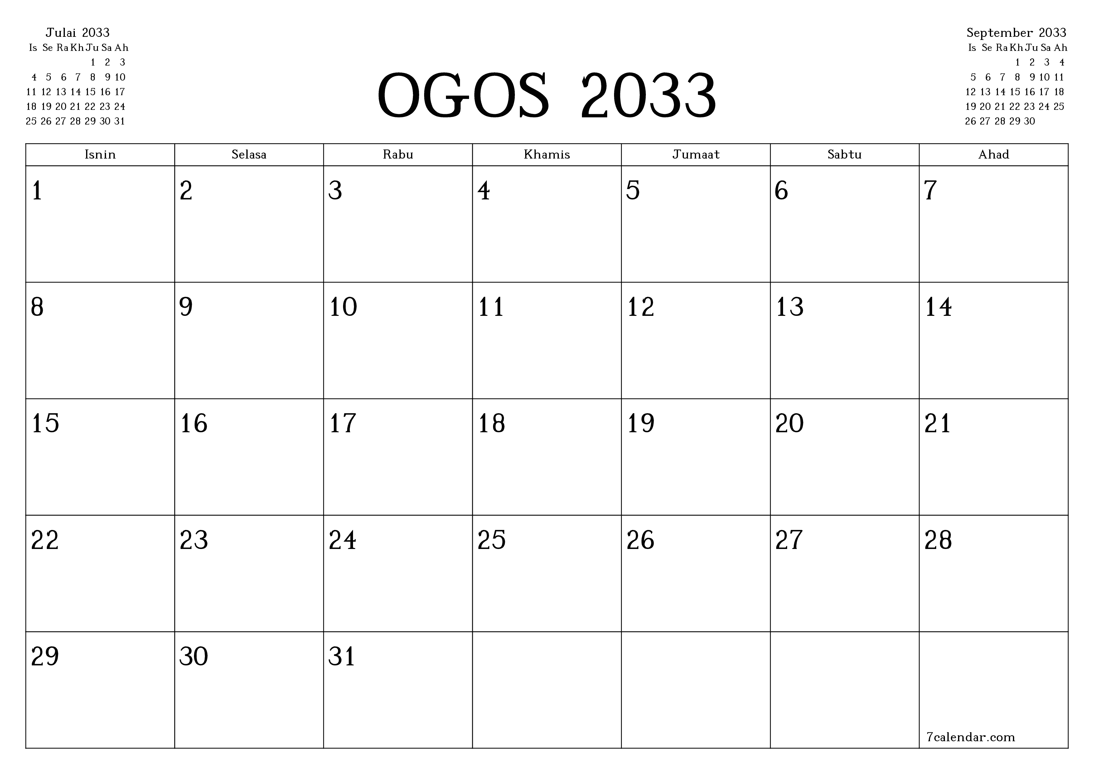 Perancang bulanan kosong untuk bulan Ogos 2033 dengan nota, simpan dan cetak ke PDF PNG Malay