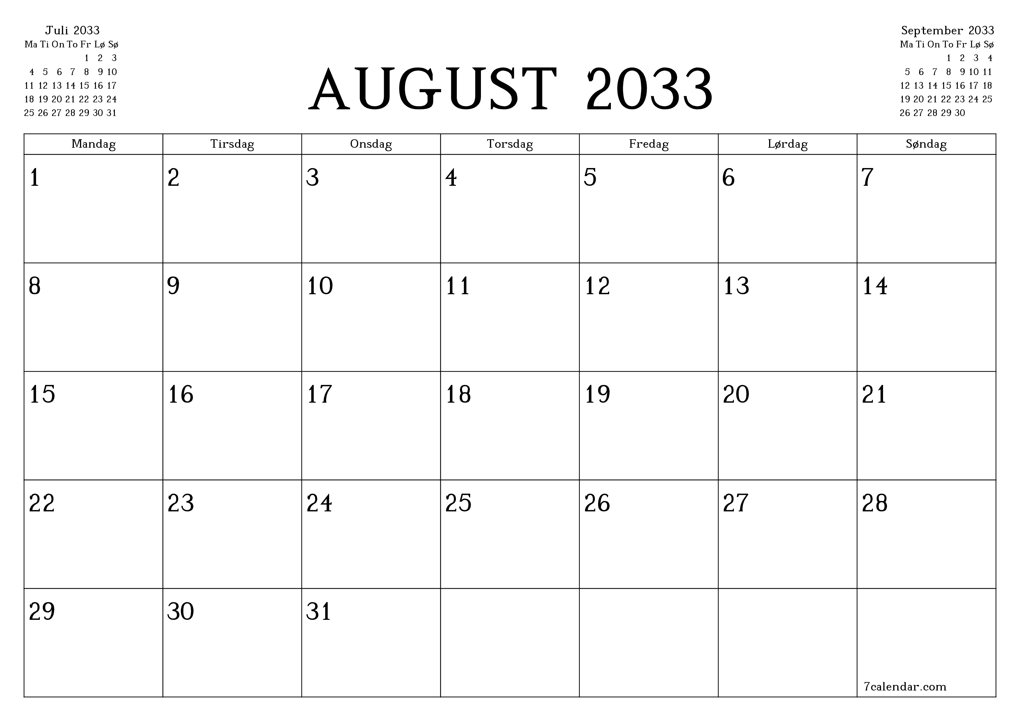 Tom månedlig planlegger for måned August 2033 med notater, lagre og skriv ut til PDF PNG Norwegian