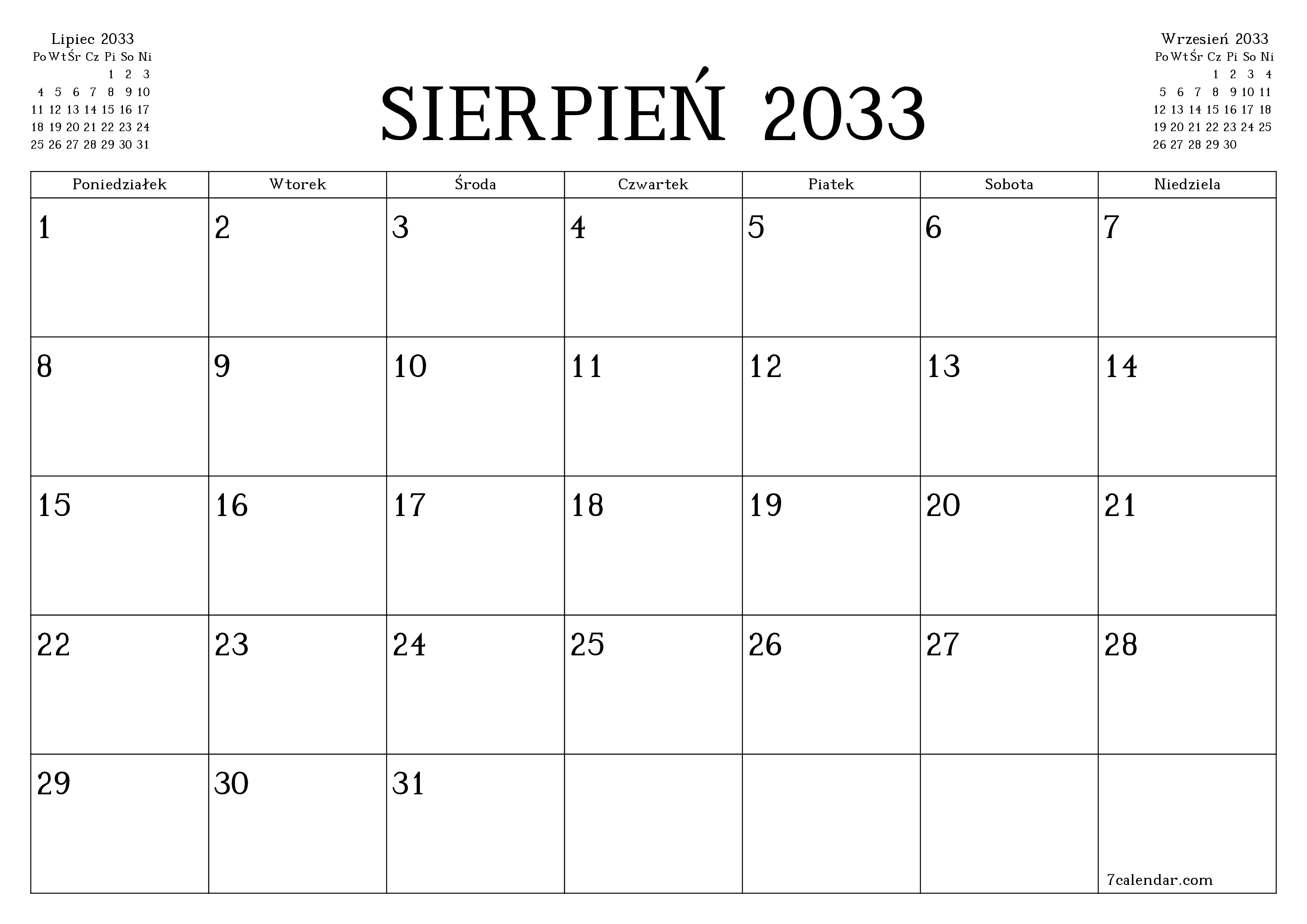 Opróżnij miesięczny planer na miesiąc Sierpień 2033 z notatkami, zapisz i wydrukuj w formacie PDF PNG Polish